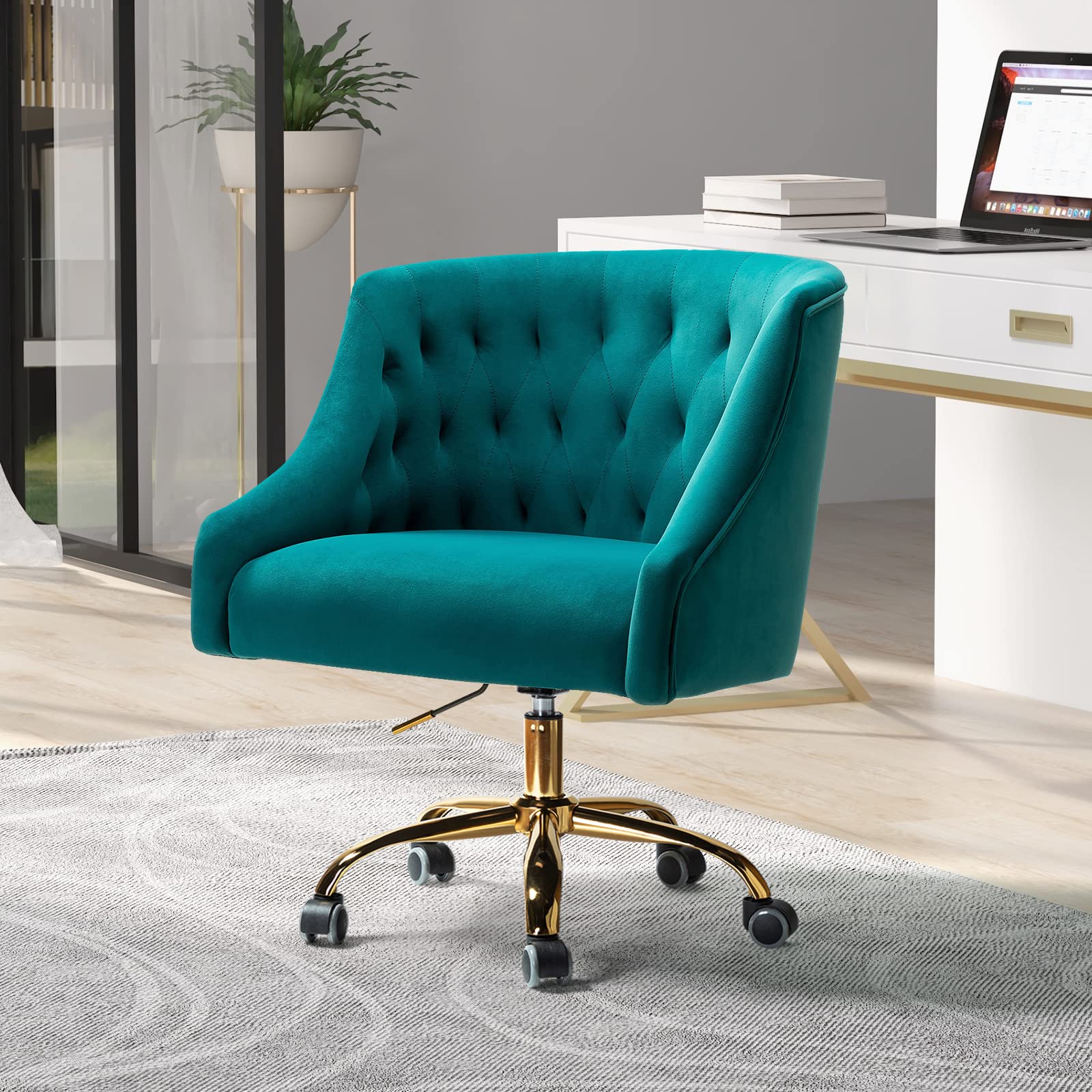 Luxury Velvet Home Office Chair with Gold Base - Adjustable Swivel Task Chair for Women, Modern Ergonomic Desk Chair for Living Room, Bedroom & Study - Soft Turquoise Velvet Seat - Perfect for Working from Home, Gaming & Vanity Areas