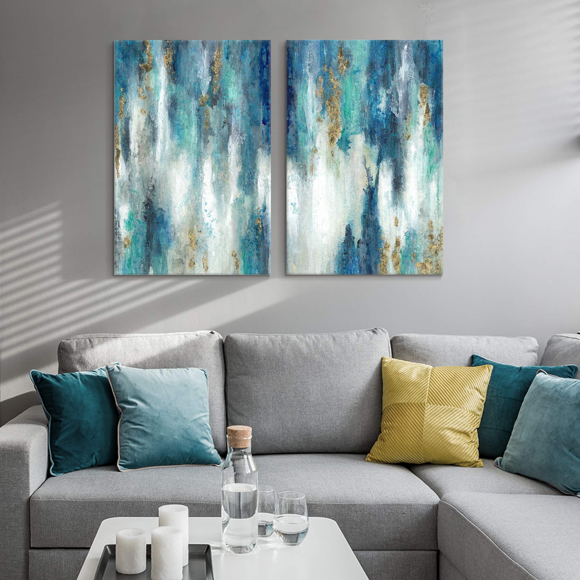 Abstract Blue and Gold Wall Art Set - 2 Panel Canvas Oil Painting (36