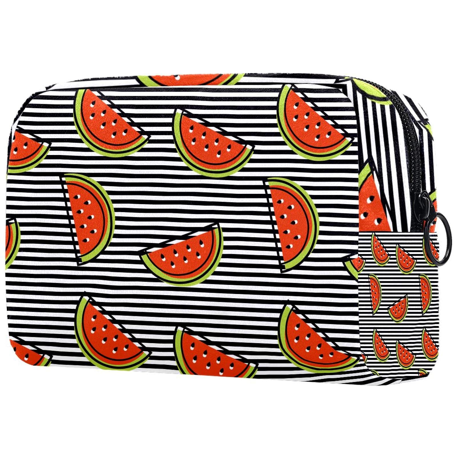 Waterproof Black and White Striped Watermelon Print Makeup Bag for Women - Portable Travel Cosmetic Pouch, Toiletry Organizer for Gym, Vacation & Daily Use