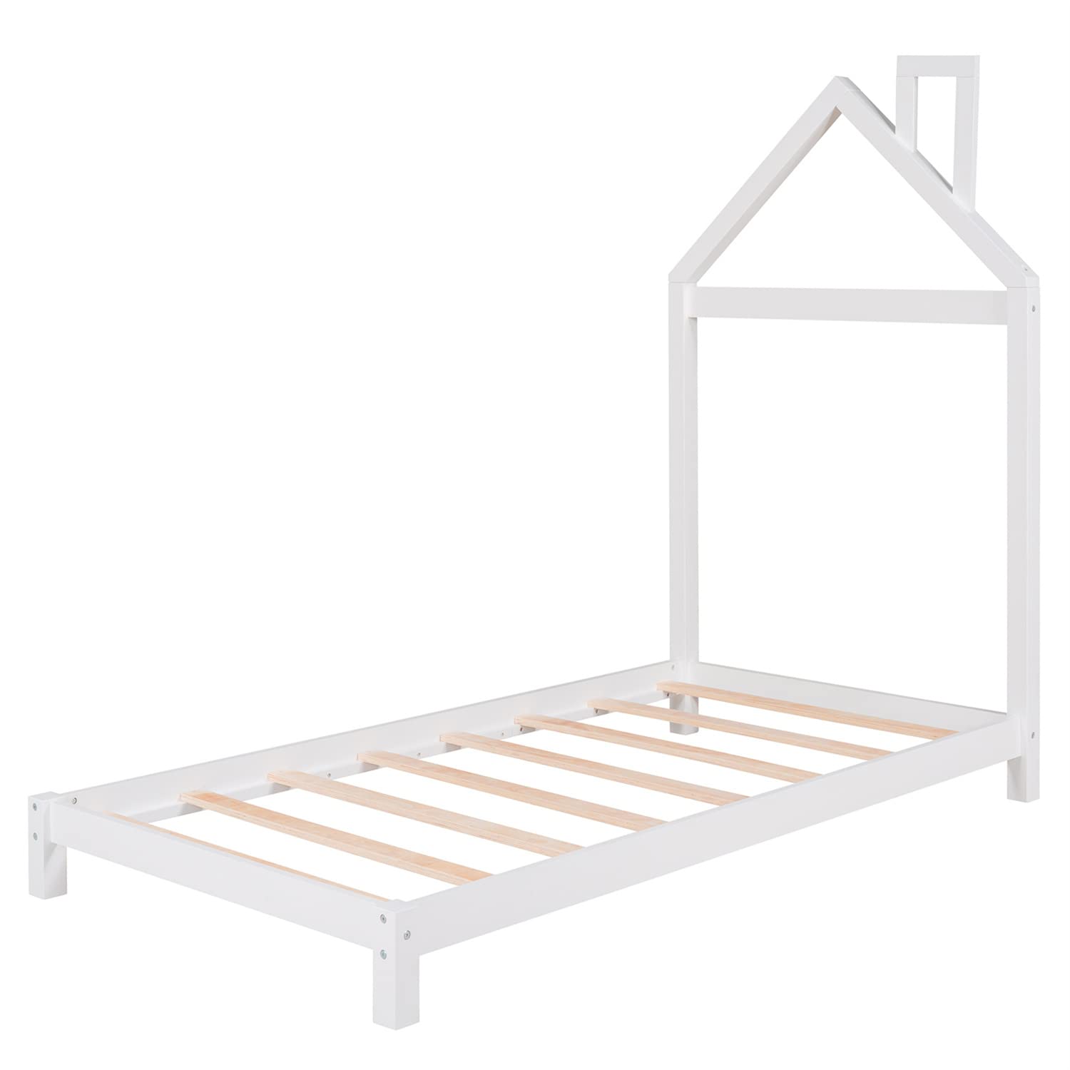 Twin Size White Platform Bed with House Shape Headboard - Low Profile Wooden Slat Support Bed Frame for Kids, Boys, Girls & Juniors - Perfect for Bedrooms, Dorms & Playrooms