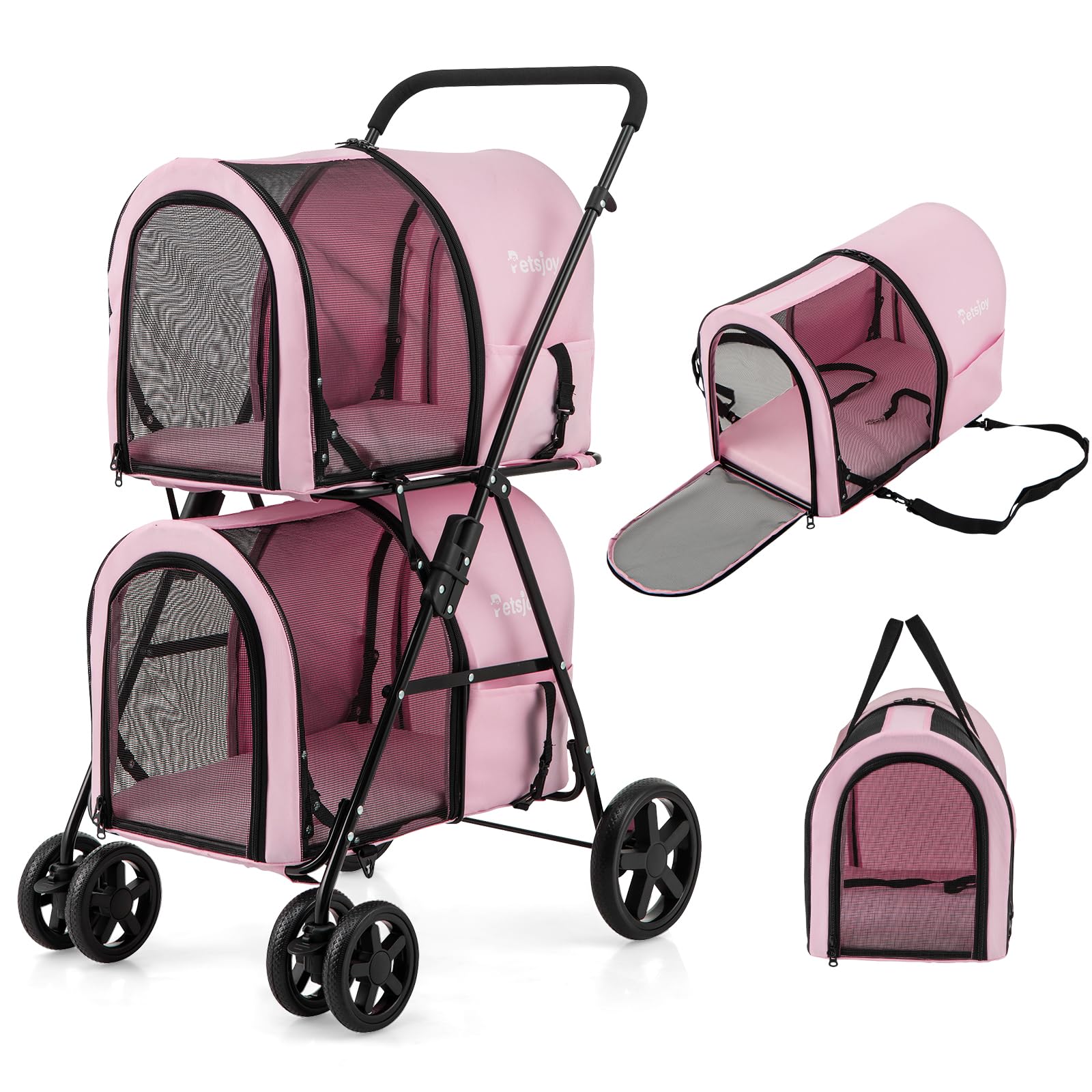 PETSITE Double Dog Stroller - Foldable Pet Carrier for 2 Small/Medium Dogs & Cats with Detachable Wheels - Jogger Stroller Crate for Car Seat, Walking, Camping & Travel - Ideal for Park Visits, Vet Trips & Outdoor Adventures (Pink)