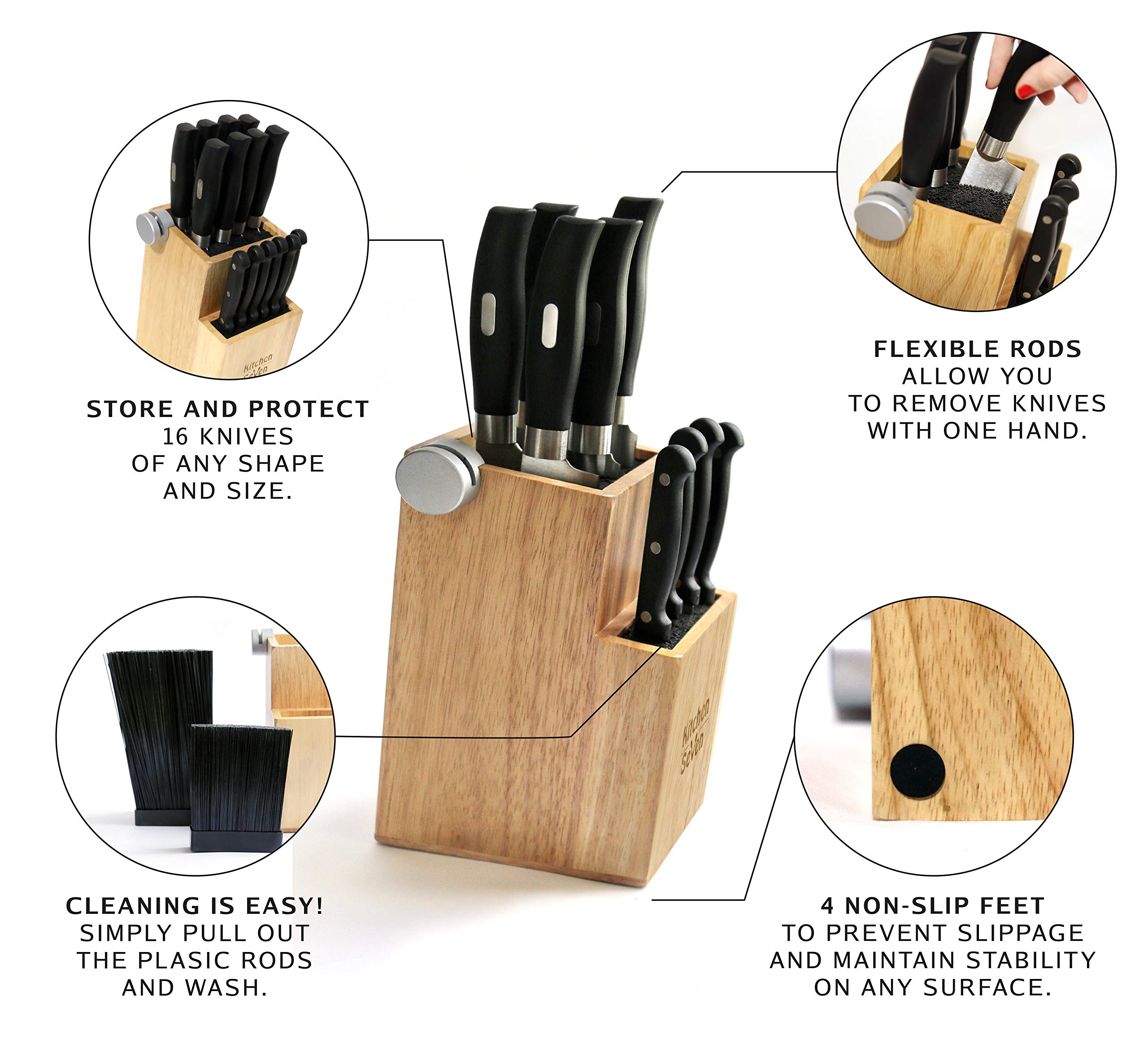 Premium Bamboo Universal Knife Block with 2 Built-In Sharpeners | 2-Tier Modern Knife Storage Holds 16 Knives | Easy-Clean Wooden Knife Organizer by Kitchen Seven | Perfect for Professional Chefs & Home Kitchens