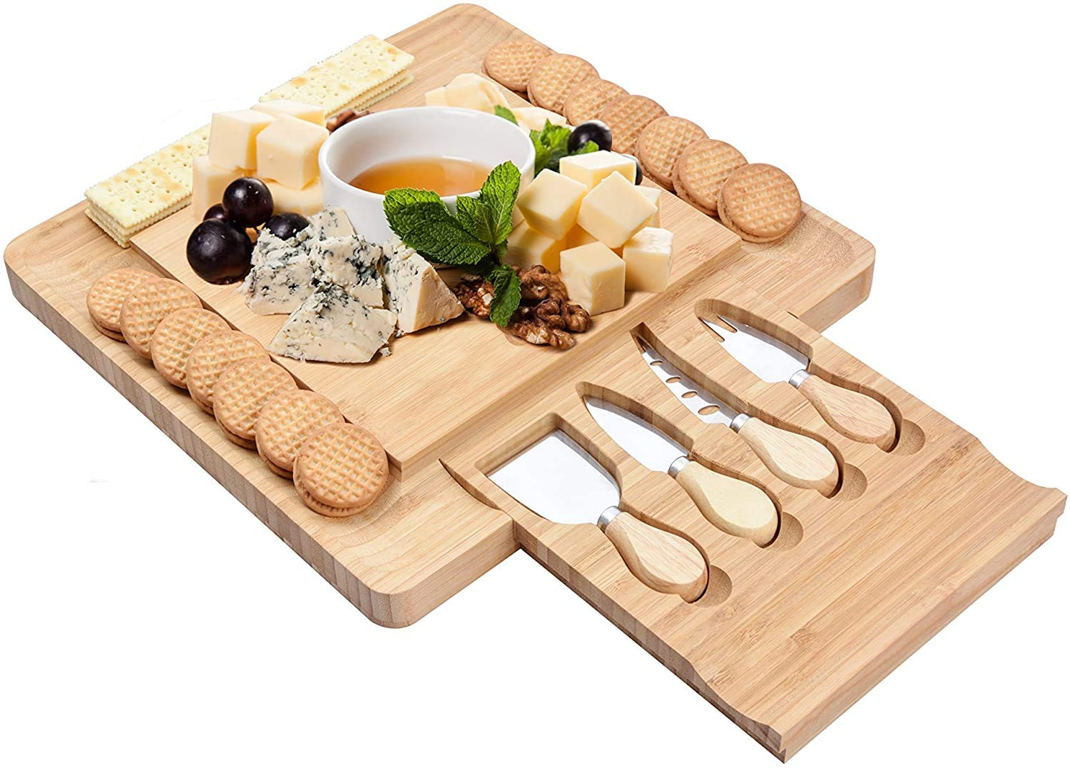 Premium Bamboo Cheese Board Set with 4 Stainless Steel Knives - Elegant Square Charcuterie Serving Tray with Pull-Out Drawer - Perfect for Cheese Platters, Charcuterie Boards, Picnics, Dinner Parties & Holiday Gifts - Pack of 4