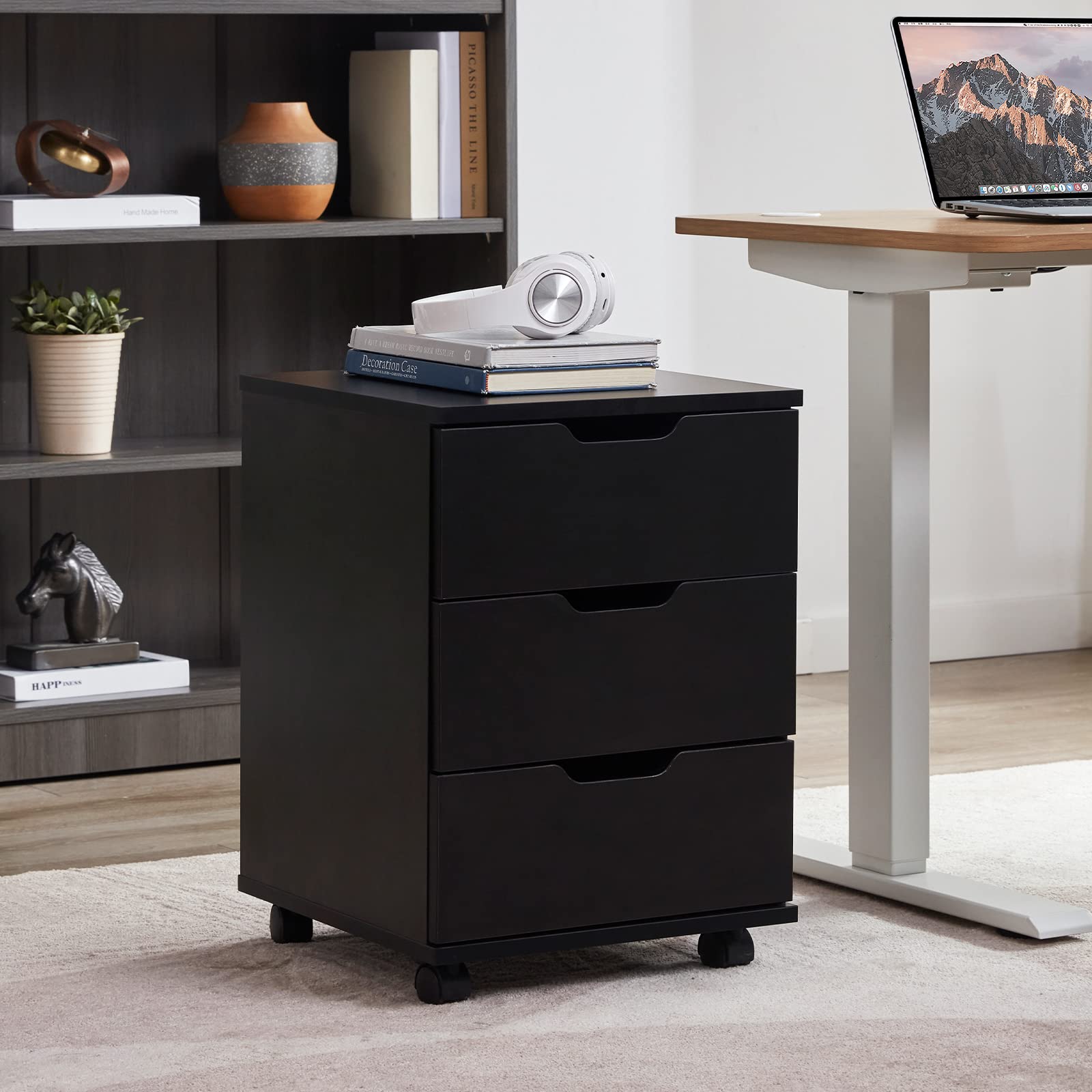Farini 3-Drawer Mobile File Cabinet - Black Wooden Storage Chest for Home Office, Under Desk Organization, Document & Supplies Storage | Perfect for Office, Study, and Workspace Organization