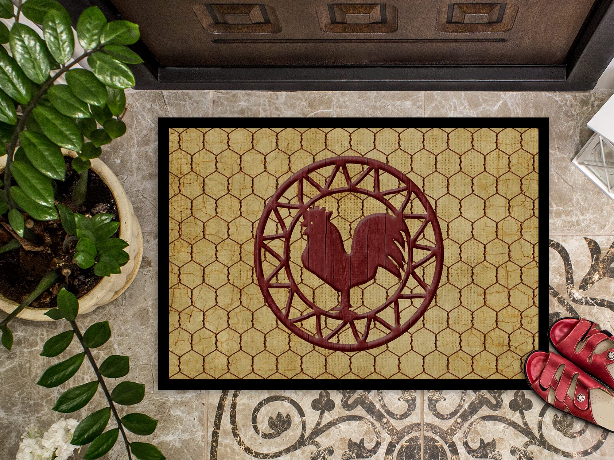 Rooster Chicken Coop Doormat 24x36 - Non-Slip Washable Low Pile Indoor/Outdoor Entryway Rug - Perfect for Farmhouse, Country Kitchen & Front Door Decor - 24H X 36W