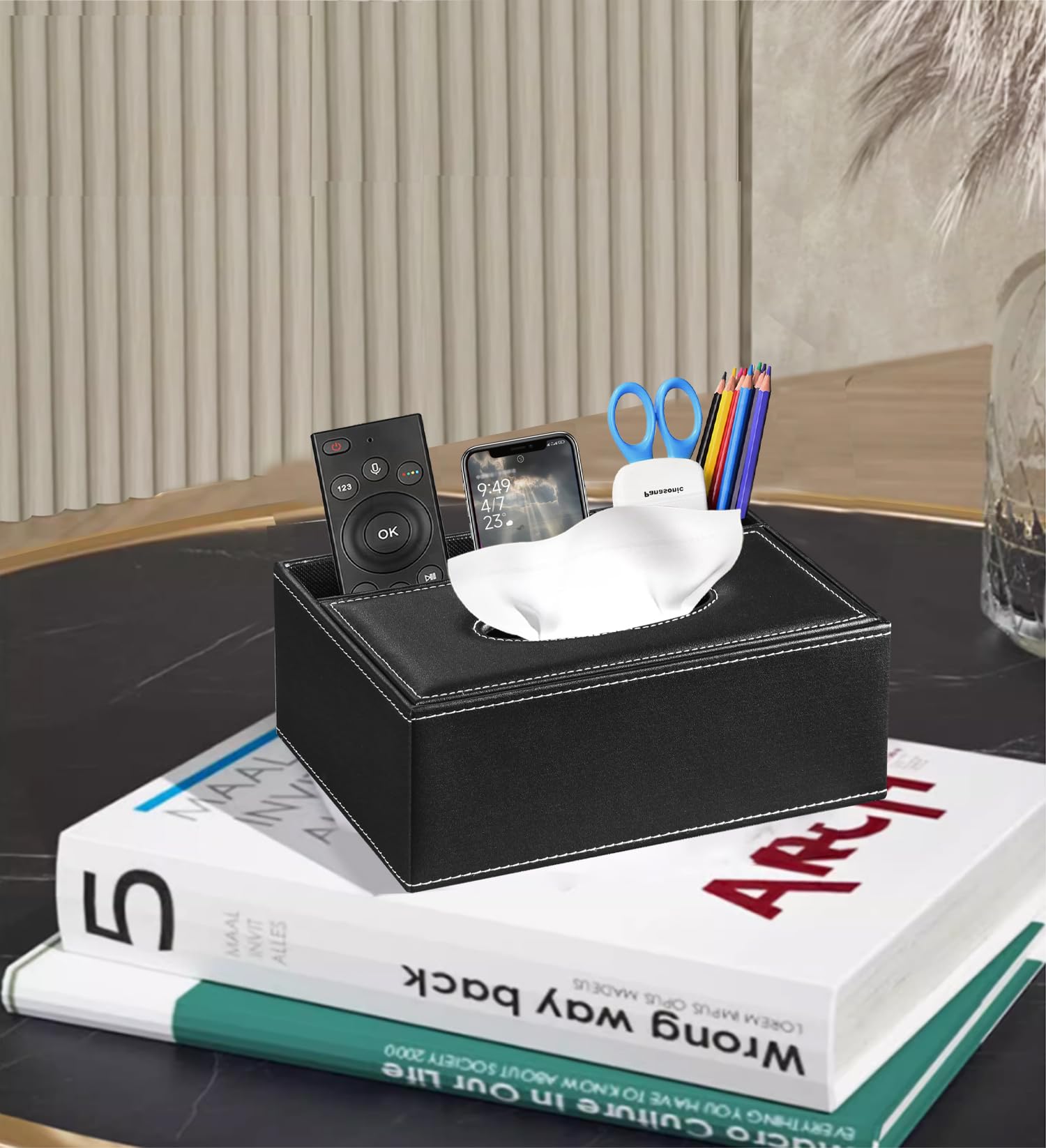 Decorative Rectangular Tissue Box Cover - Compatible with Kleenex Box, Multifunctional Facial Tissue Holder with Remote Control Storage | Nightstand Organizer & Bathroom Tissue Dispenser for Home, Office, and Bedroom Decor
