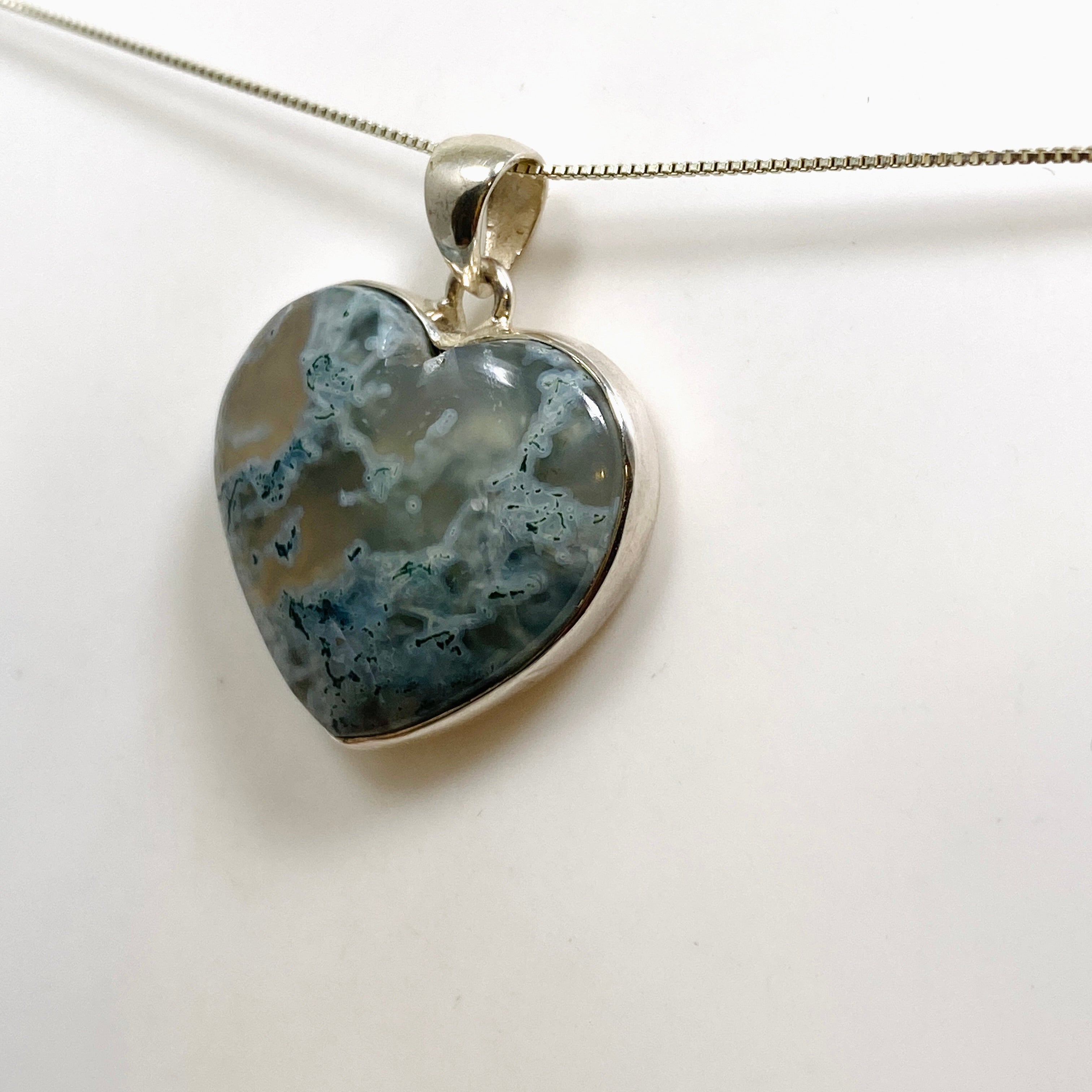 Natural Moss Agate Heart Cabochon Pendant - 925 Sterling Silver Jewelry for Women - Perfect for Valentine's Day Gifts, Spiritual Healing & Boho Fashion Accessories