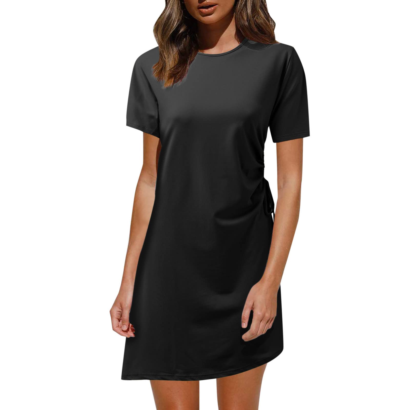 Sparkly Women's Wedding Guest Dress - Summer Casual Solid Color Round Neck Slim Fit Tie Up Captain's Dinner Dress for Parties, Bridal Showers & Special Occasions