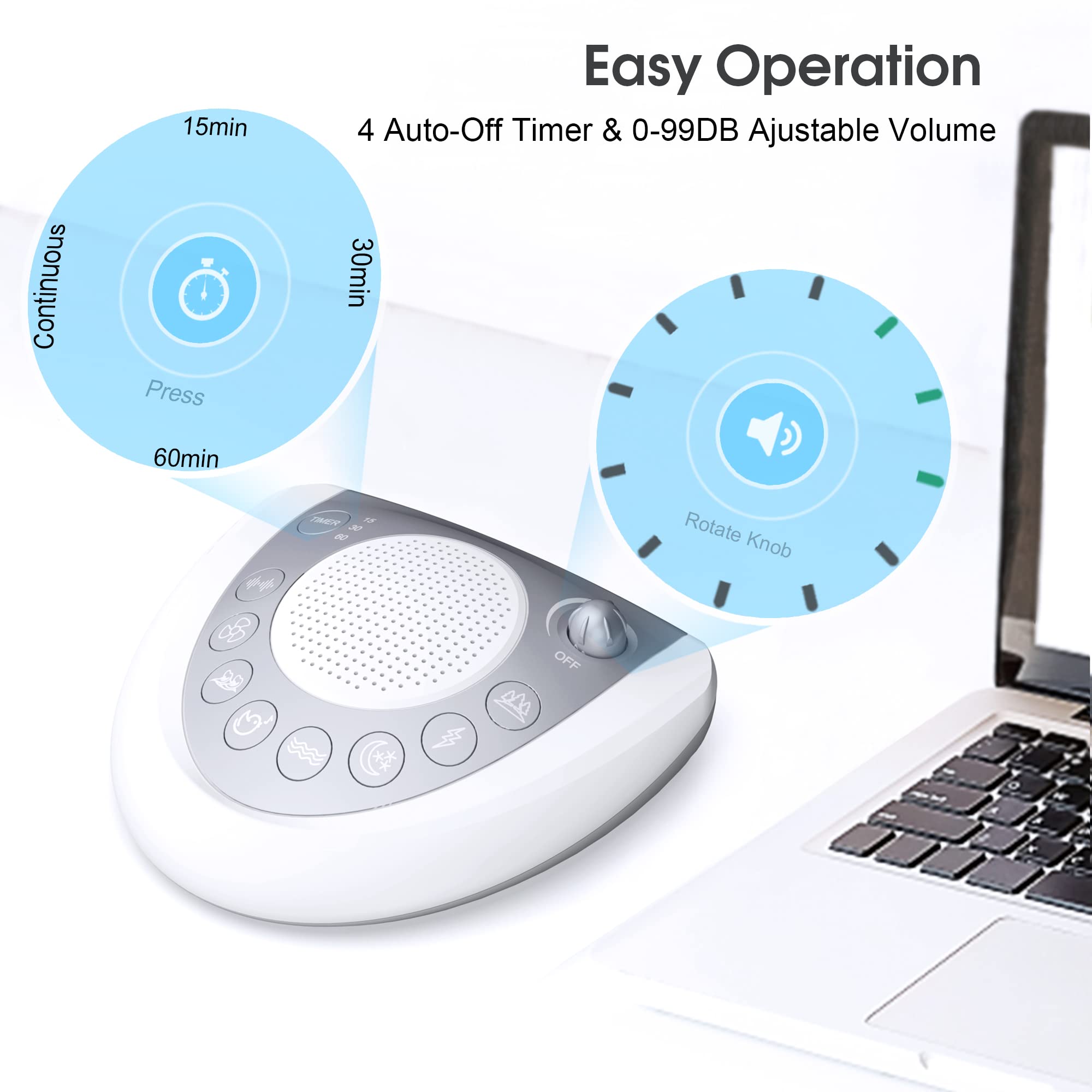 Rechargeable White Noise Machine for Adults & Portable Sound Soother - Perfect for Sleeping, Travel, and Baby Nursery (White & Silver)