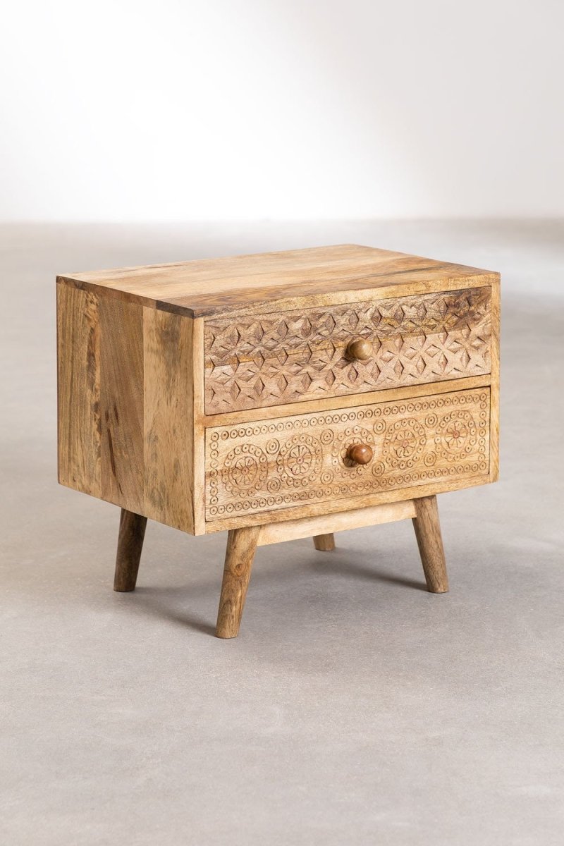 Hand Carved Wooden Nightstand with Two Drawers - Solid Wood Bedside Table for Bedroom, Living Room & Office Storage | Rustic Home Decor Furniture