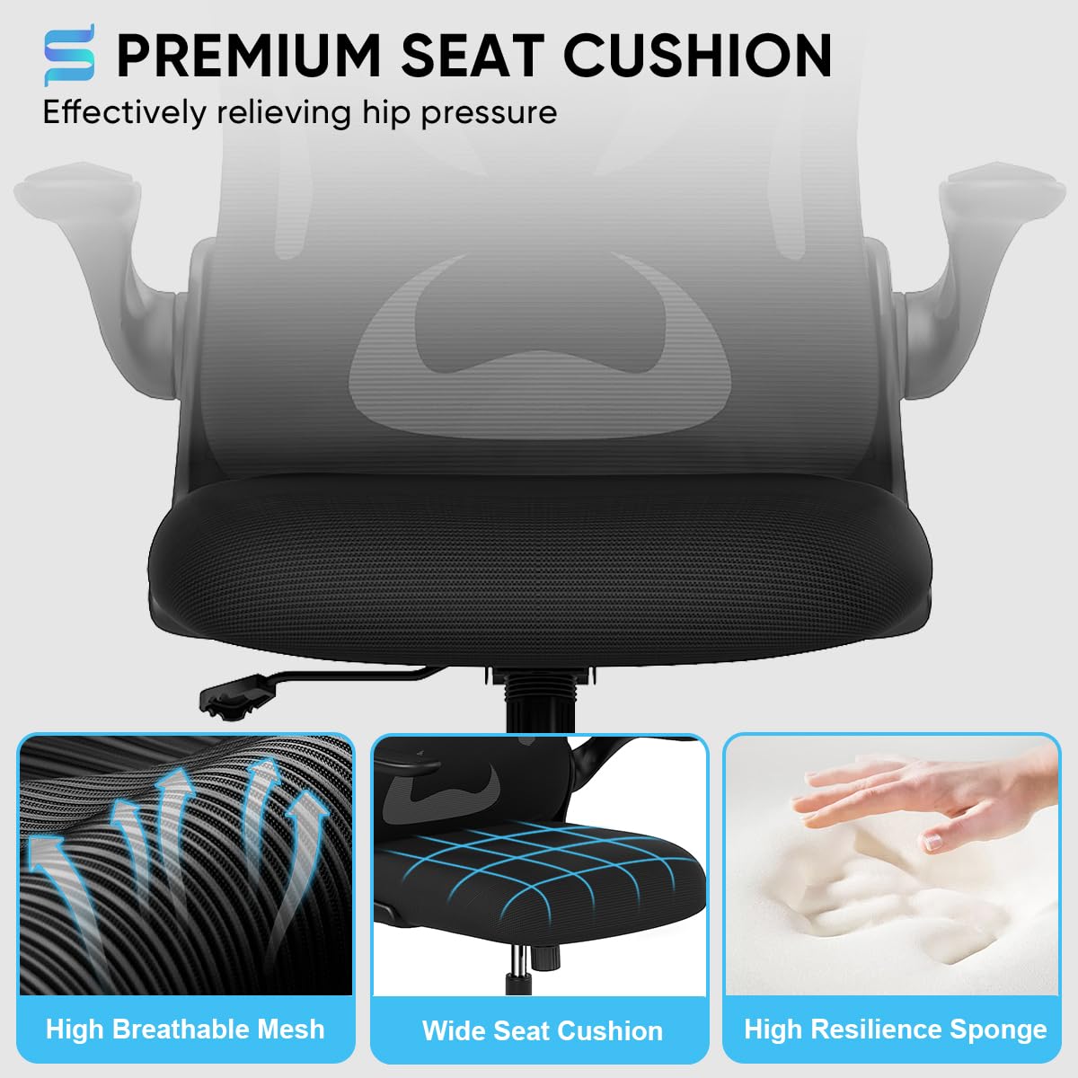 Sytas Ergonomic Office Chair with Adjustable Flip-Up Arms & Lumbar Support - Breathable Mesh Back & Padded Seat for Home Office, Gaming, or Workspace (Black) - Perfect for Long Hours of Sitting & Computer Work