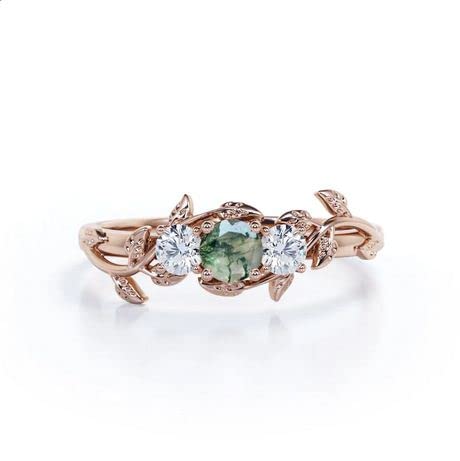 Natural Moss Agate Ring for Women - Elegant Three Stone Rose Gold Vine Ring | Perfect Engagement, Wedding & Anniversary Gift | Ideal for Bridal Jewelry, Romantic Occasions & Everyday Wear