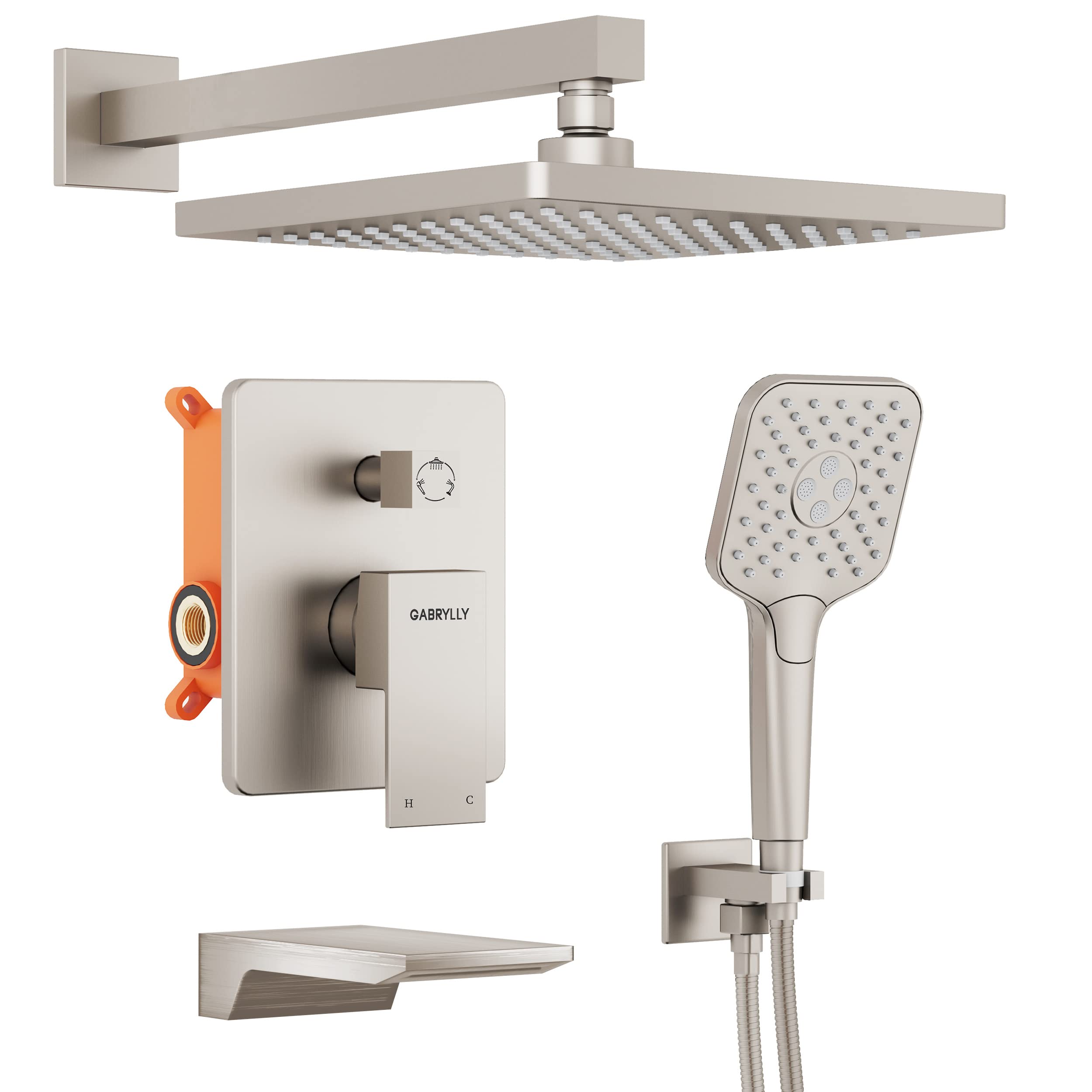 Gabrylly Wall Mounted Tub Shower Faucet Set - Brushed Nickel Bathroom Shower System with 10