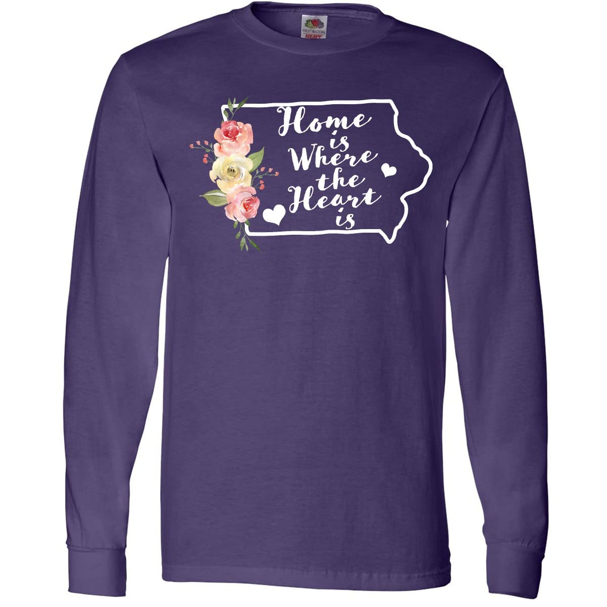 Iowa Home is Where The Heart is Watercolor Long Sleeve T-Shirt for Women | Soft Cotton Graphic Tee | Perfect for Casual Wear, Family Gatherings & State Pride Outfits