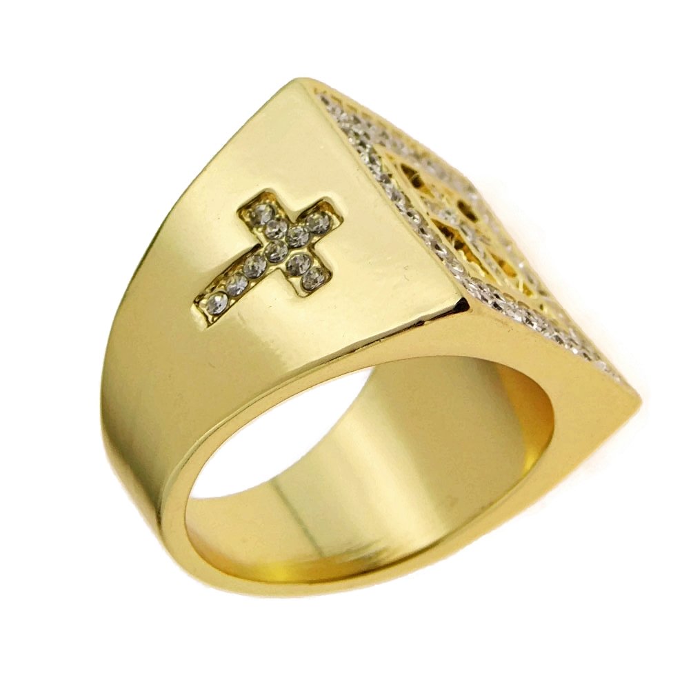 Men's Iced Out Cross Ring - Hip Hop Bling Chunky Band Yellow Gold Finish Sizes 7-12 - Perfect for Rappers, Streetwear Fashion & Gift Giving