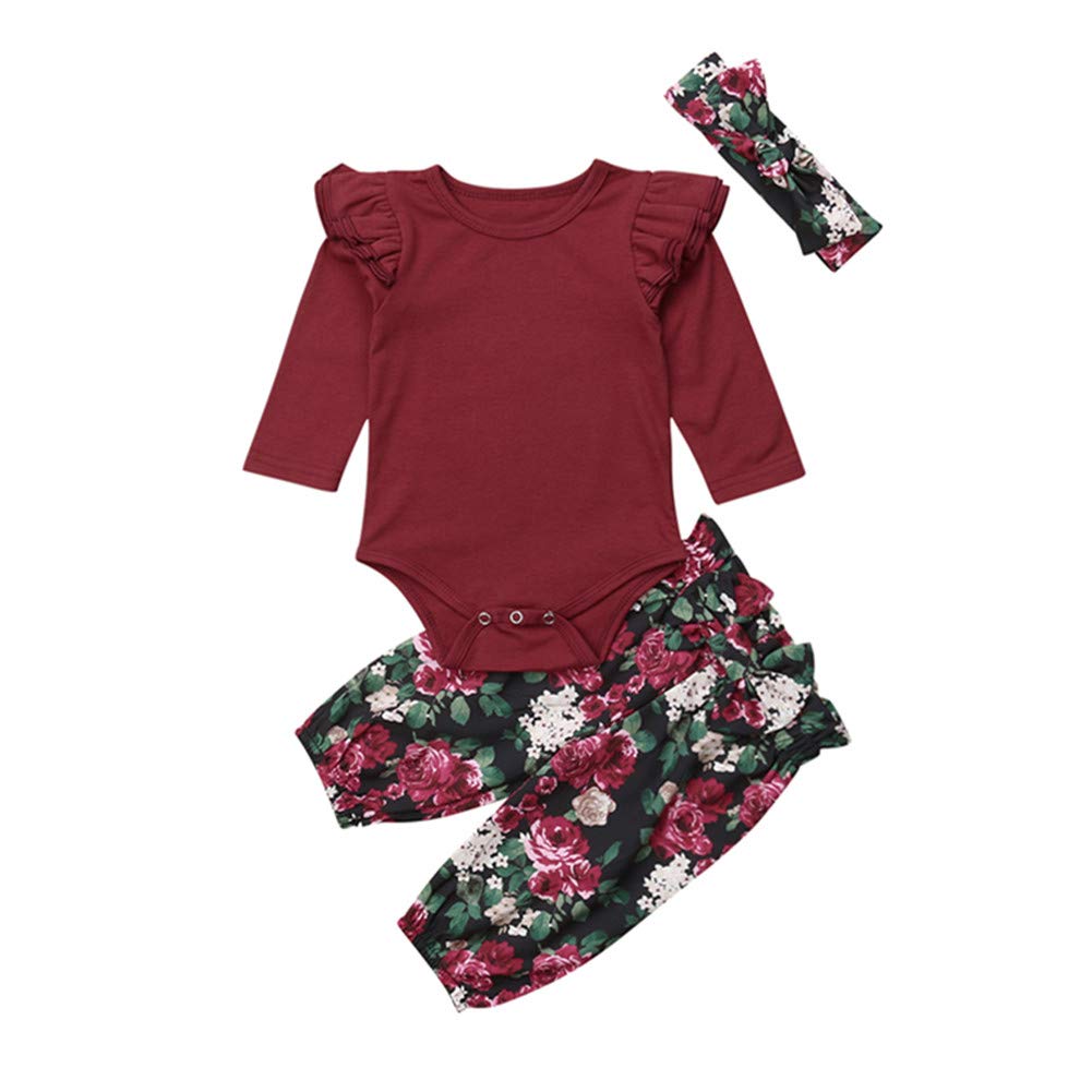 Adorable Baby Girl Outfit Set - Newborn Ruffle Romper Bodysuit Onesie with Floral Pants & Headbands | Perfect for Photoshoots, Birthday Parties & Special Occasions