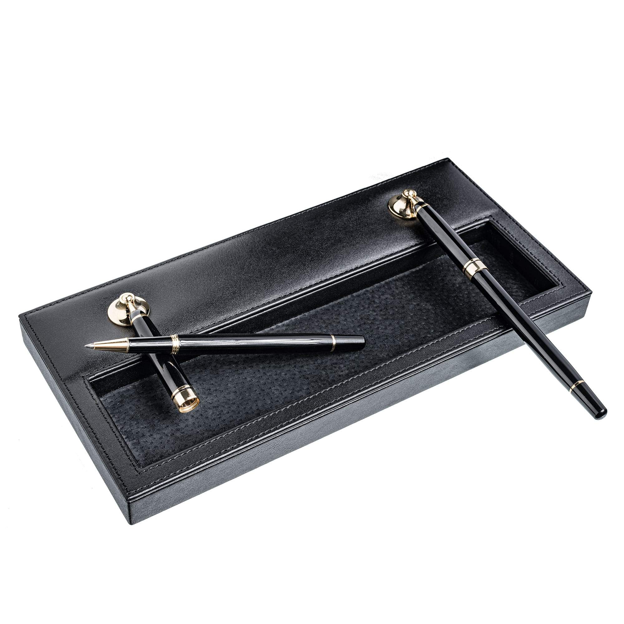 Premium Black Leather Pen Holder with Double Gold Accents - Elegant Desk Organizer for Office, Home & Gift Giving