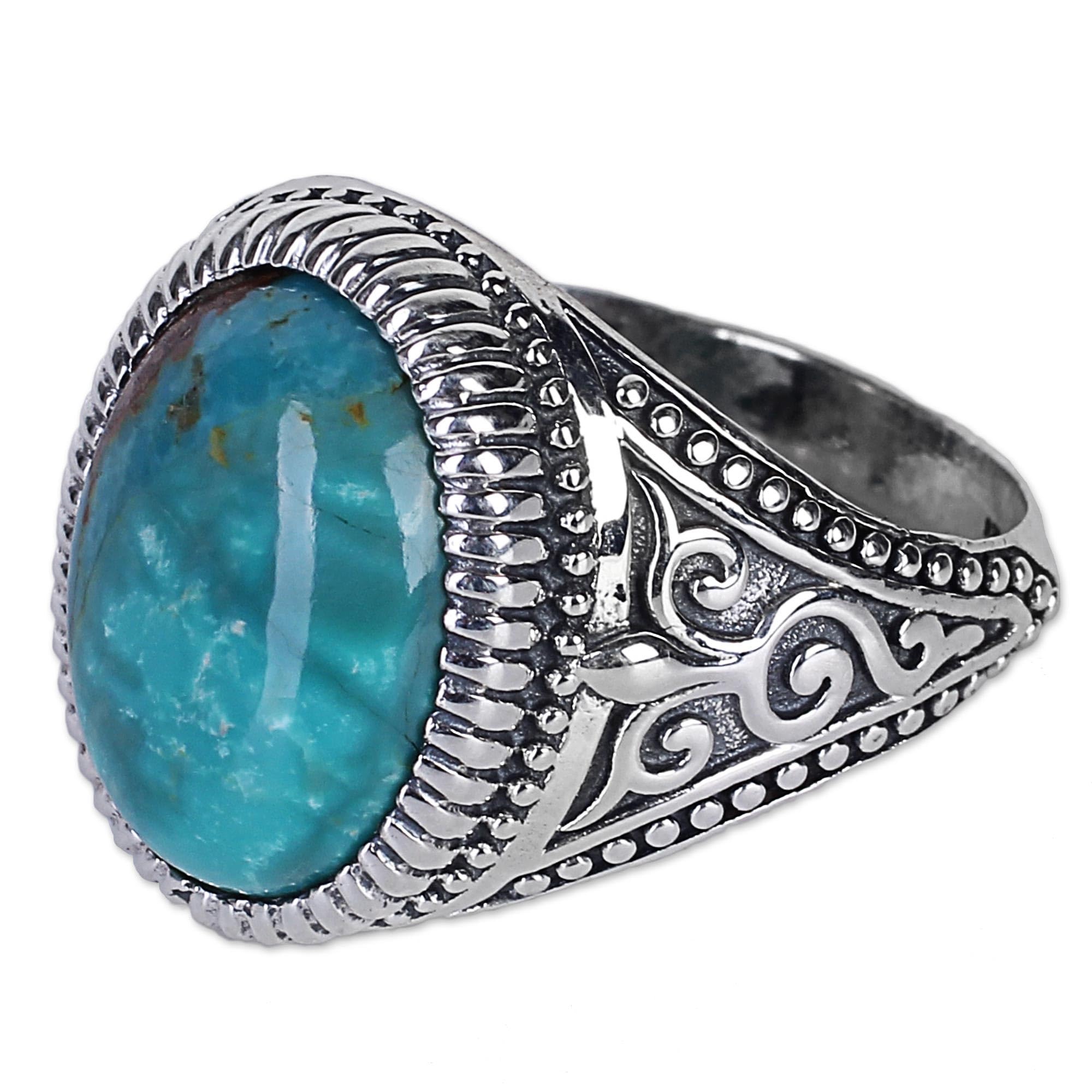 NOVICA Handmade .925 Sterling Silver Cocktail Ring with Reconstituted Turquoise Stone - Radiant Blue Beauty from India | Perfect for Evening Parties, Weddings & Boho Fashion