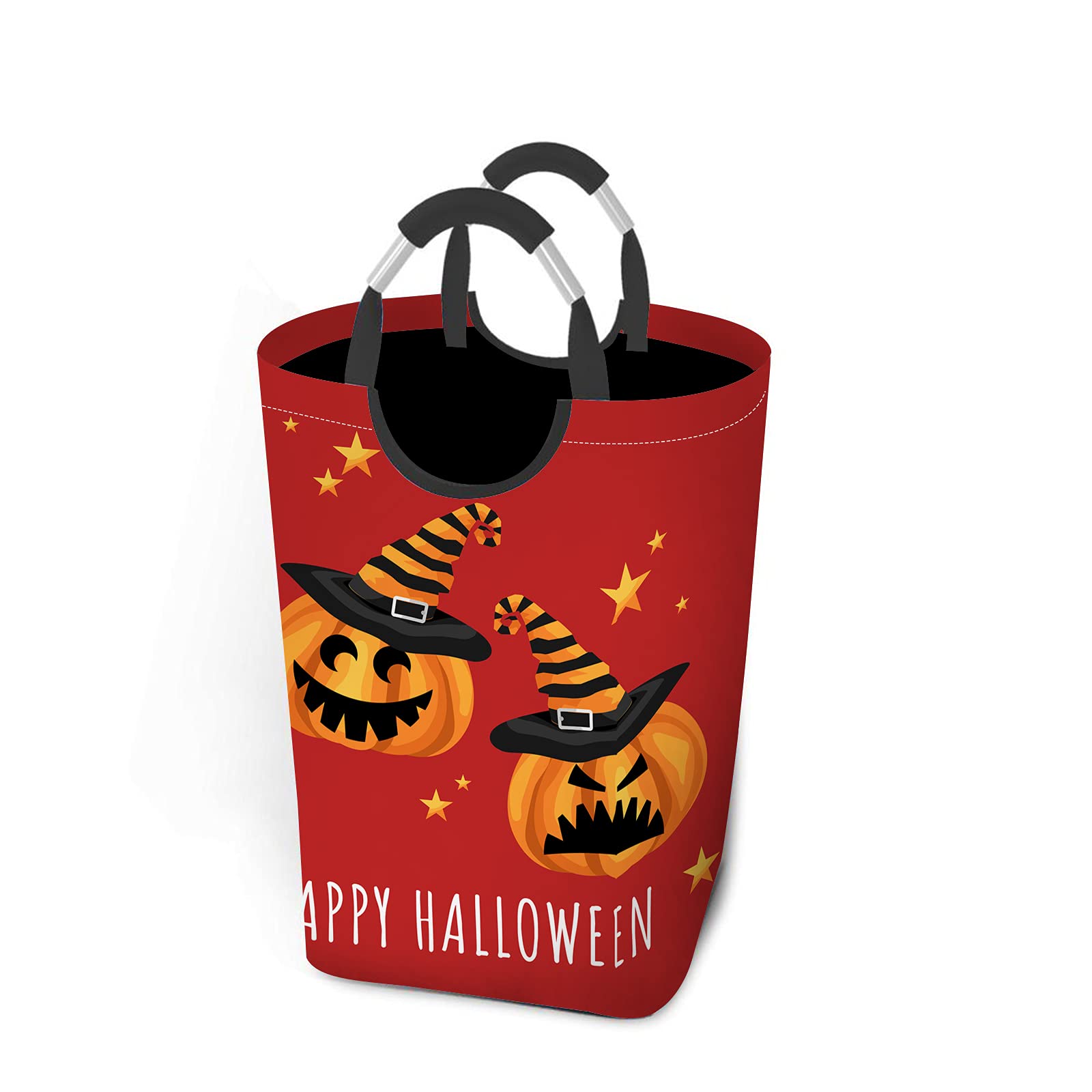 Beabes Pumpkin Laundry Hamper - Foldable Washing Bin with Smiling Face & Witch Hat Design - Halloween Party Storage Basket with Aluminum Handle - Perfect for Bathroom, Dorm Room, and Closet Organization (Square Shape)