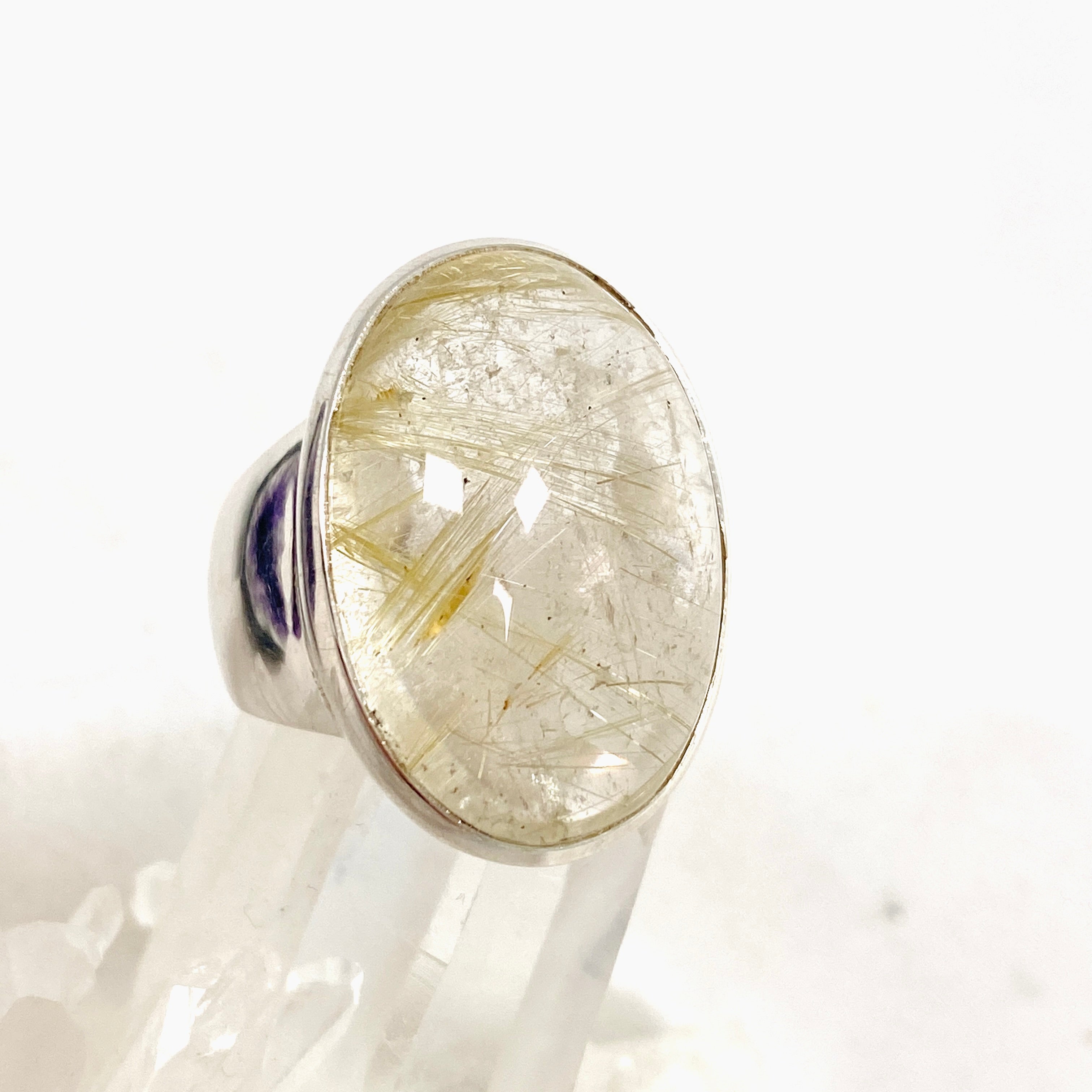 Rutilated Quartz Oval Cabochon Ring - Size 10 - 925 Sterling Silver - Handmade Boho Jewelry - Perfect for Meditation, Energy Healing & Spiritual Gifts