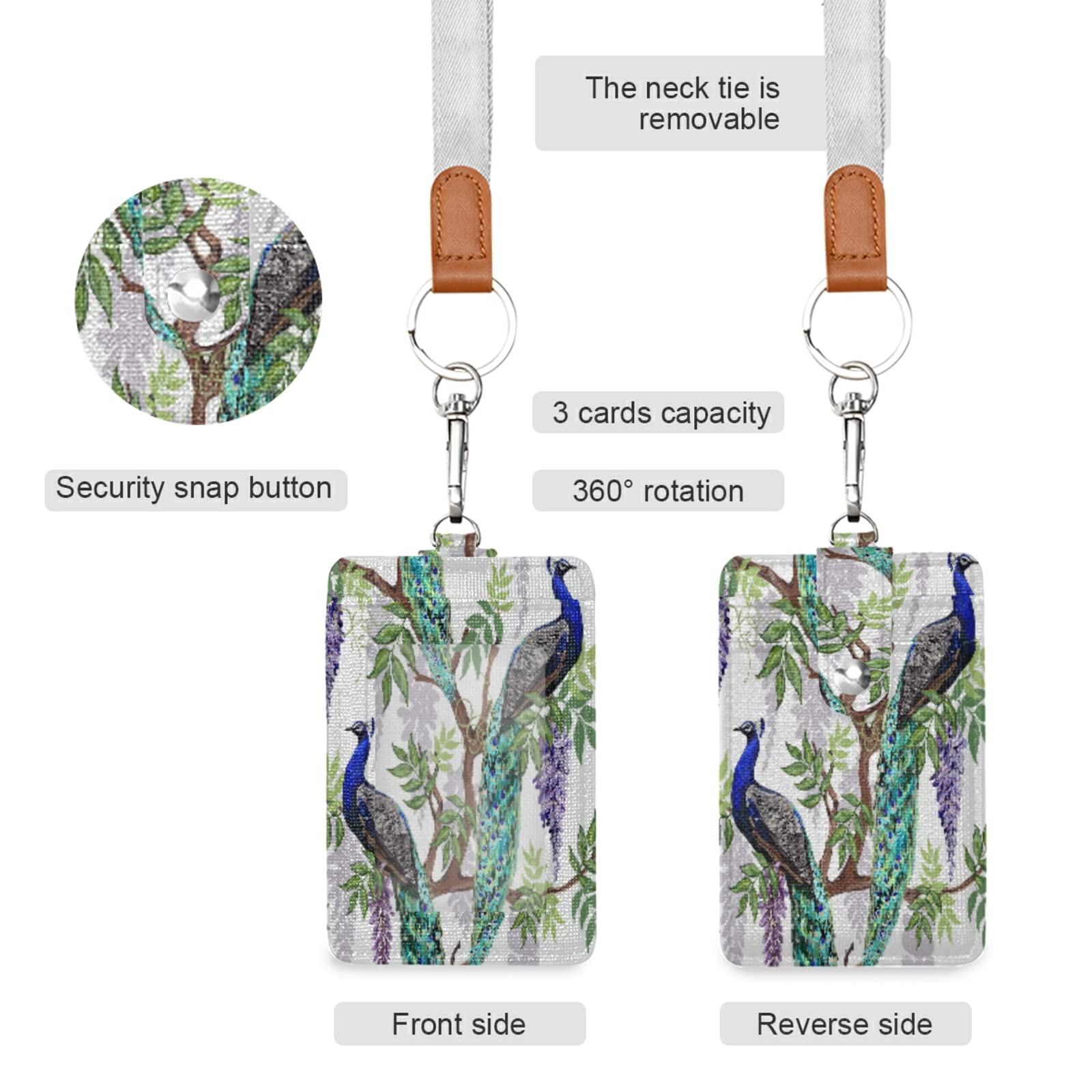 Vertical Leather ID Badge Holder with Lanyard - Wisteria Peacock Design for Office & School Staff