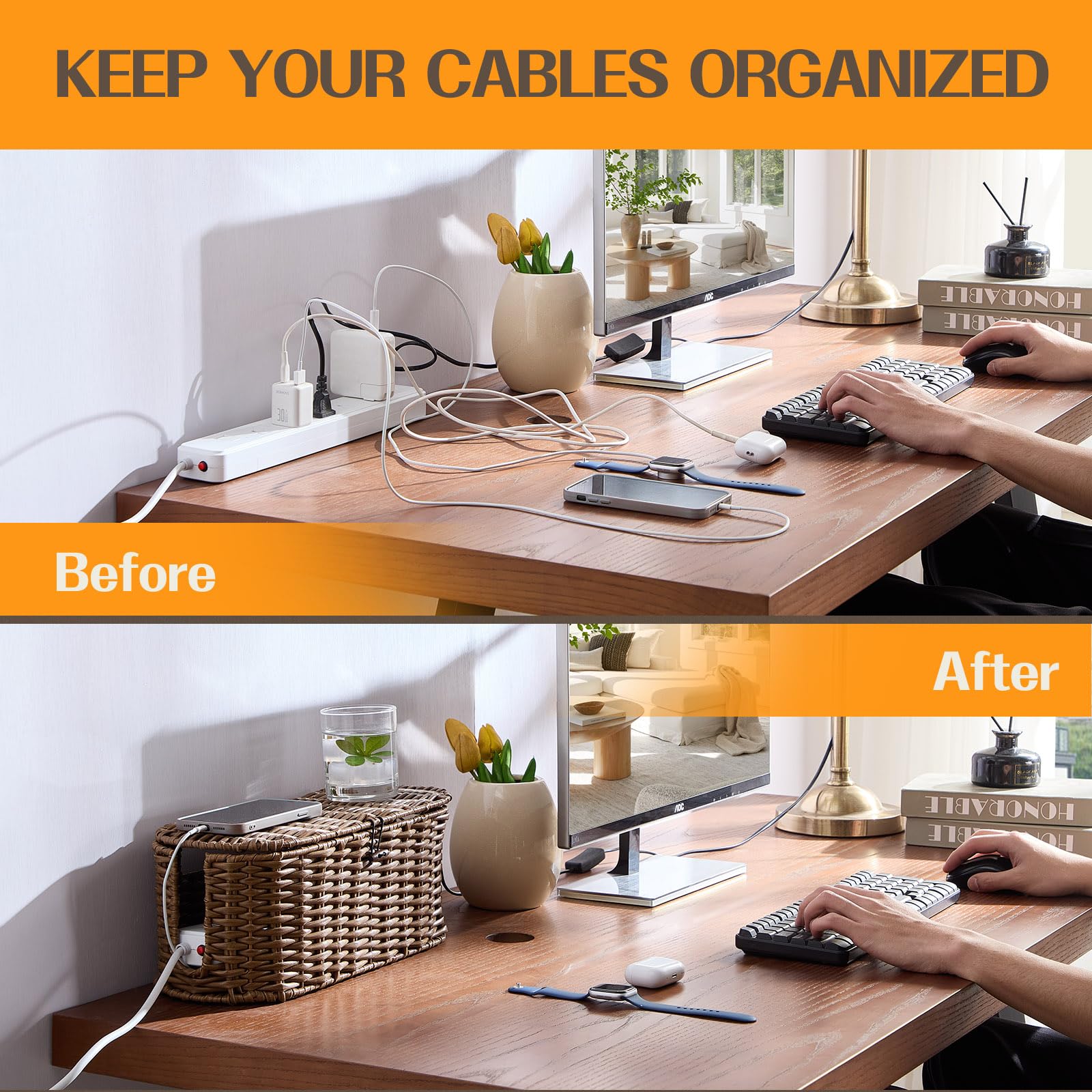 FairyHaus 2-Pack Woven Cable Management Box - Small & Large Cord Organizer to Hide Power Strips & Wires | Brown Wicker-Style Desk & Floor Cable Hider for Home Office, Living Room & Bedroom Organization