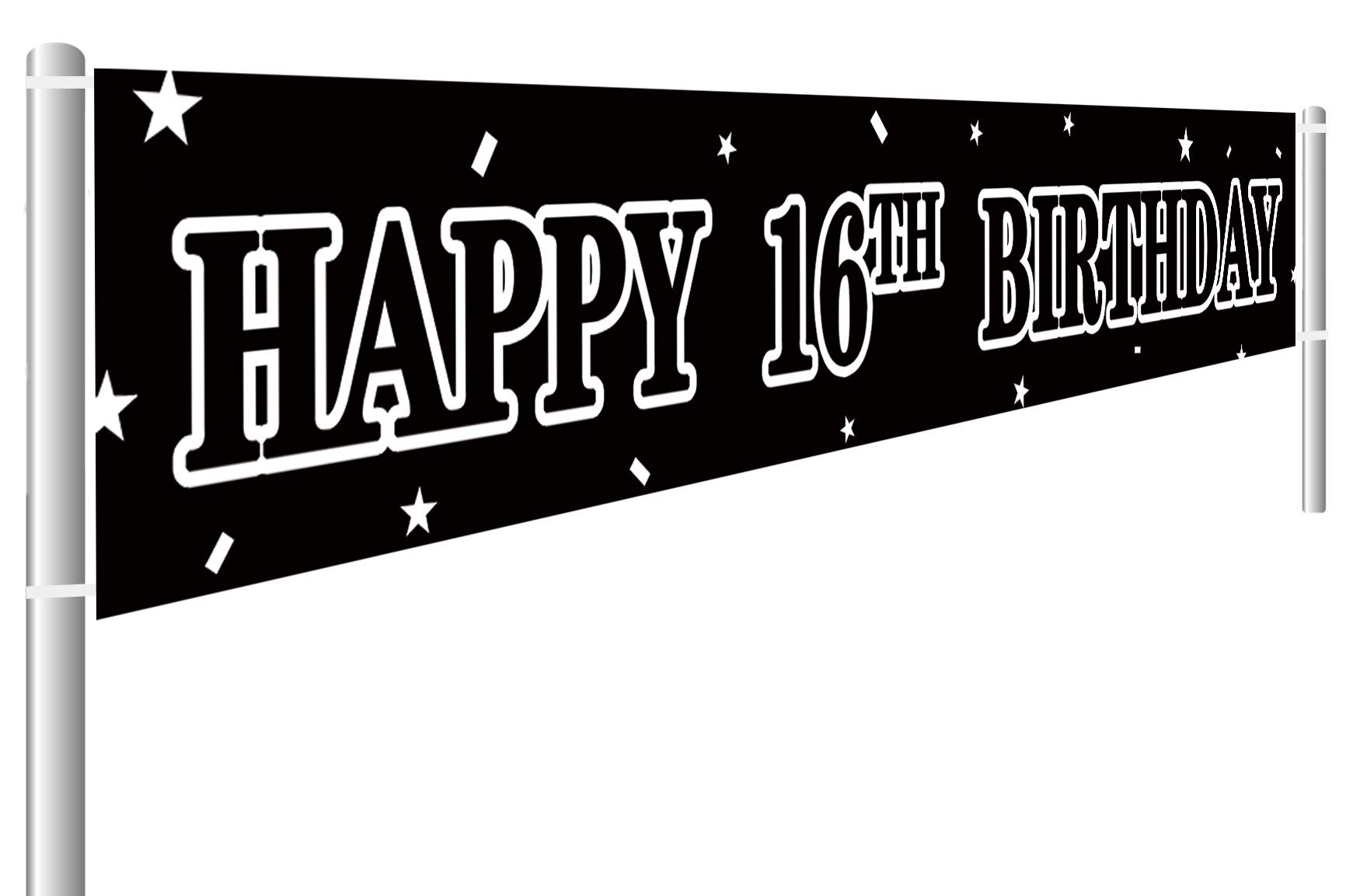 Happy 16th Birthday Banner - Large Black & White 9.8x1.6 ft Party Decorations - Perfect for Sweet 16 Celebrations, Teen Birthday Parties & Milestone Decor