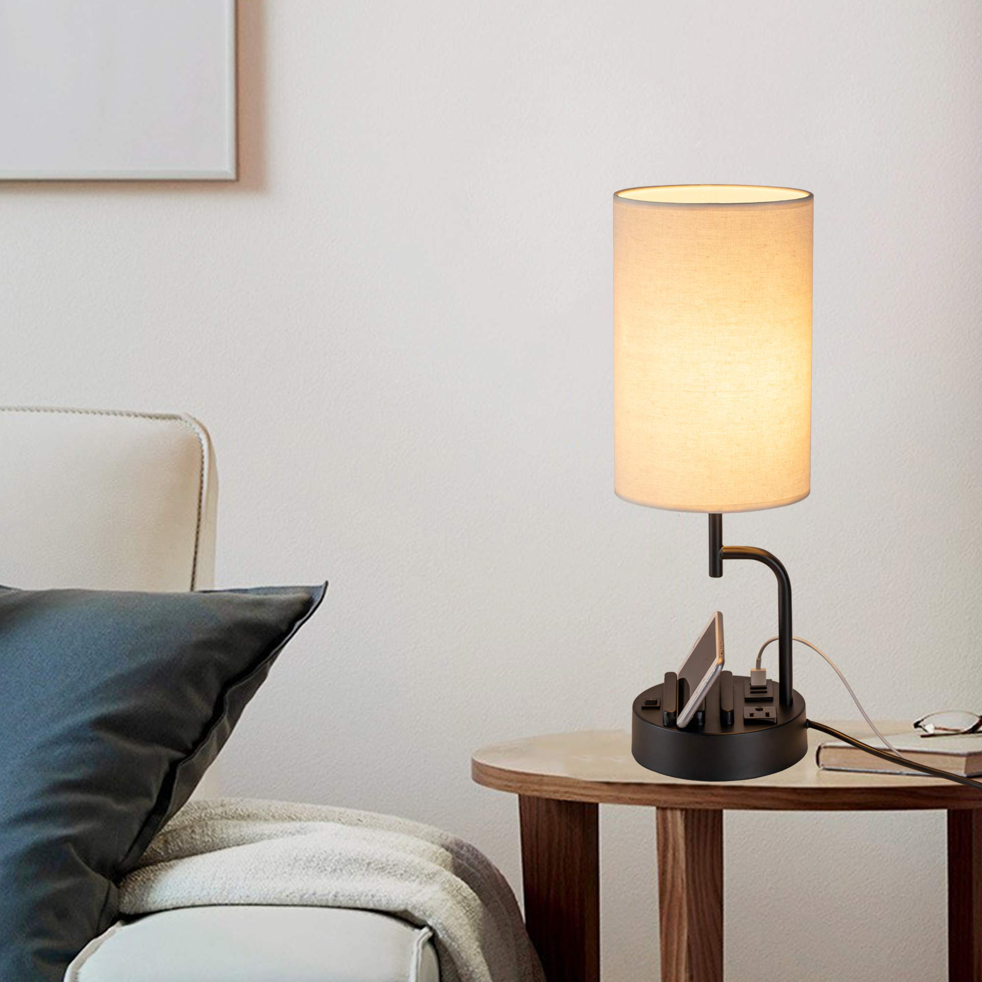 Dreamholder Table Lamp with 3 USB Ports & AC Outlet - USB Charging Desk Lamp with 2 Phone Slots, Black Base & Cream Linen Shade - Perfect for Bedroom, Living Room, Office, Nightstand - Pack of 2