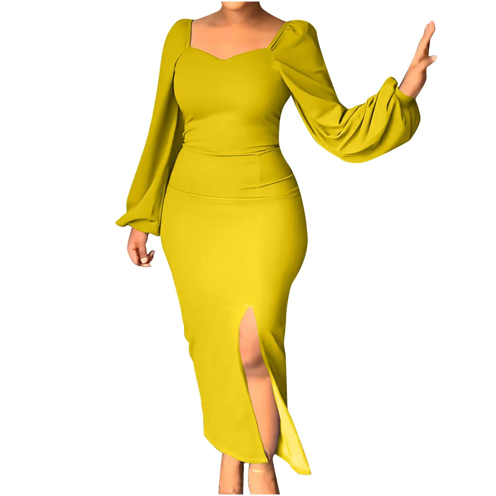 Elegant Women's Formal Dresses - Square Neck Long Sleeve Bodycon Maxi Dress for Business, Party & Cocktail Events | Trendy Solid Color Slit Dress for Office, Wedding & Evening Occasions