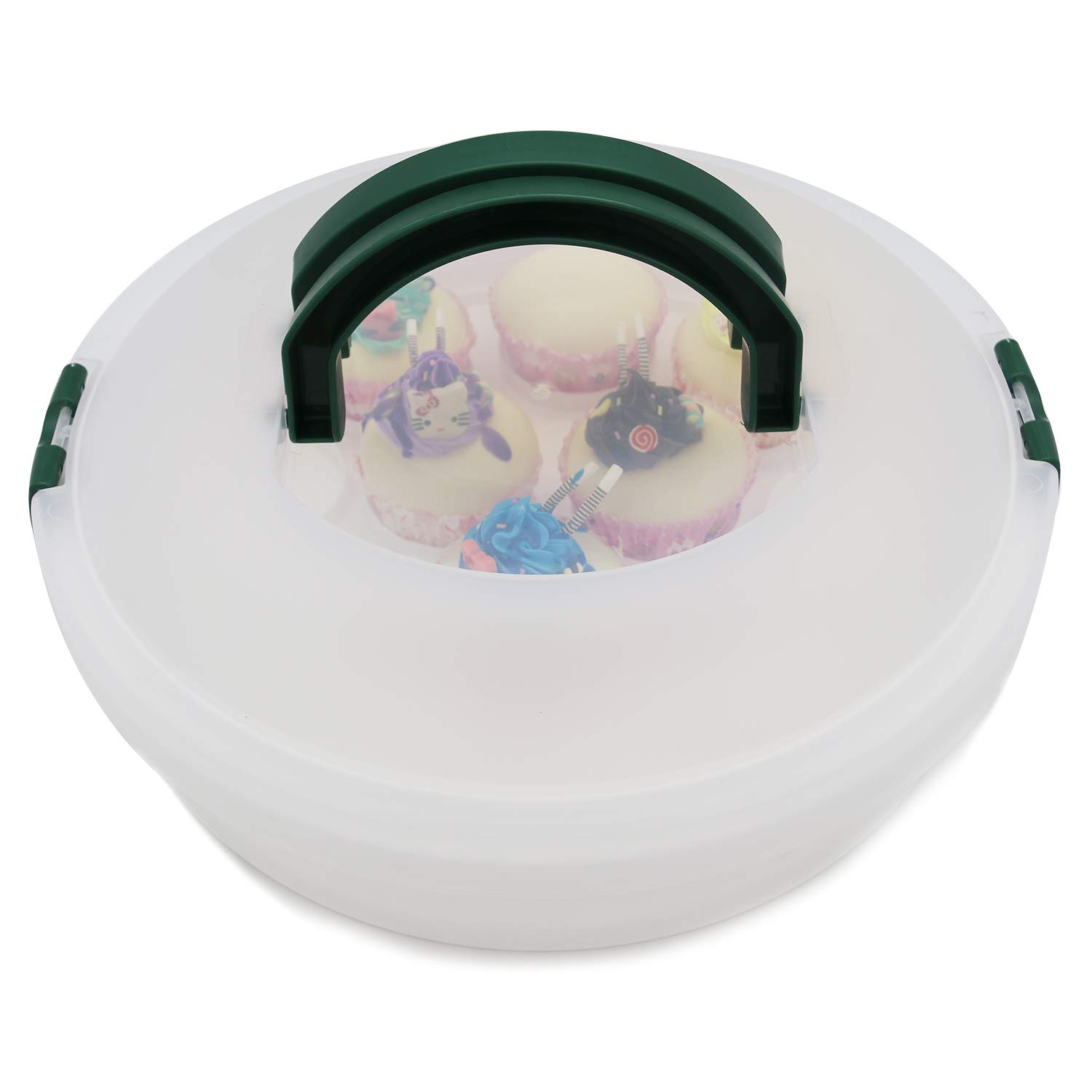 10 Inch Portable 3-in-1 Round Cupcake Carrier with Lid - Egg Tray, Muffin & Cookie Holder - Food Safe BPA-Free Baking Container for Parties, Picnics & Potlucks (Green)
