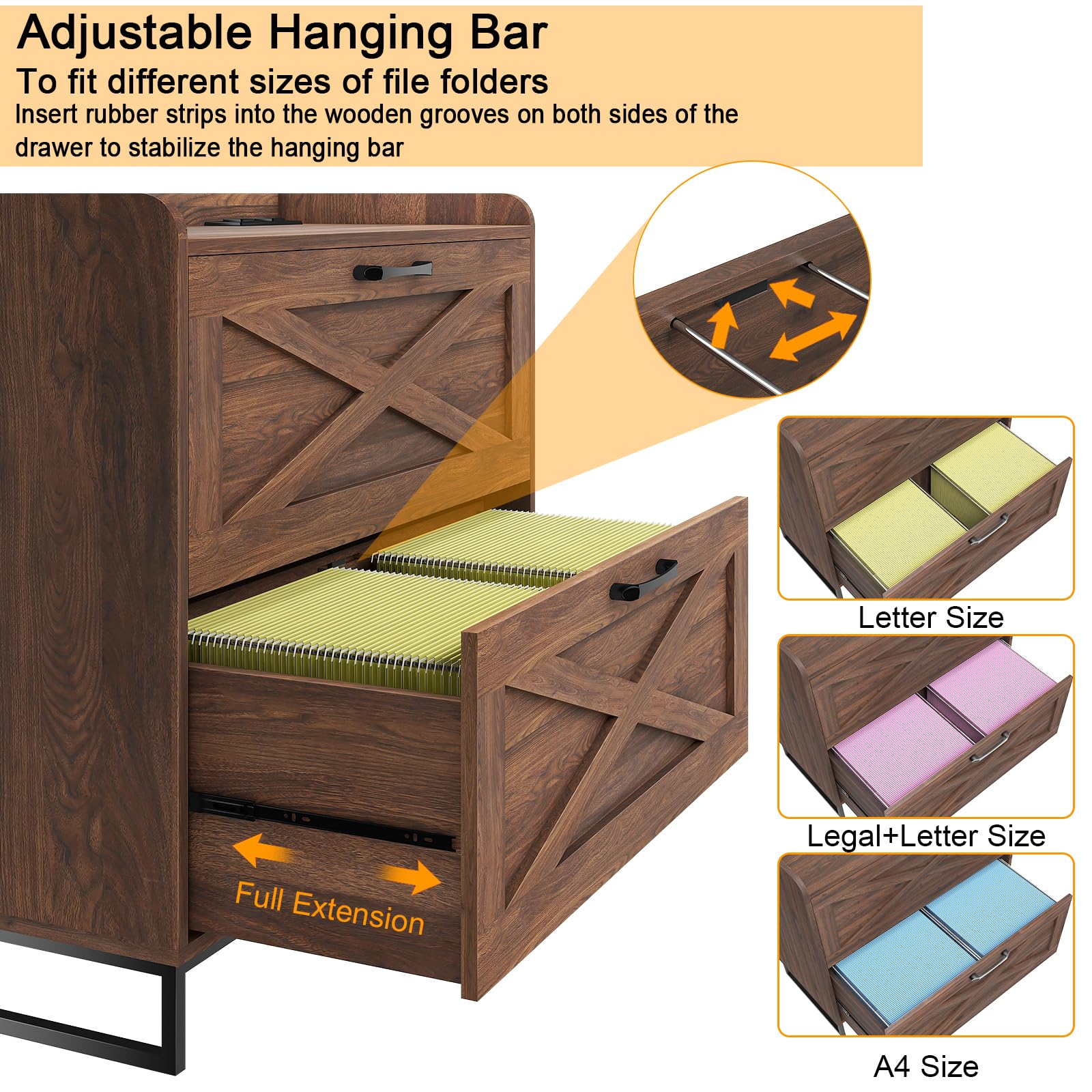 2-Drawer Lateral File Cabinet with Charging Station - Letter/Legal/A4 Size Hanging Files - Wood Office Storage Cabinet & Printer Stand - Dark Walnut - Perfect for Home Office Organization & Workspace Efficiency