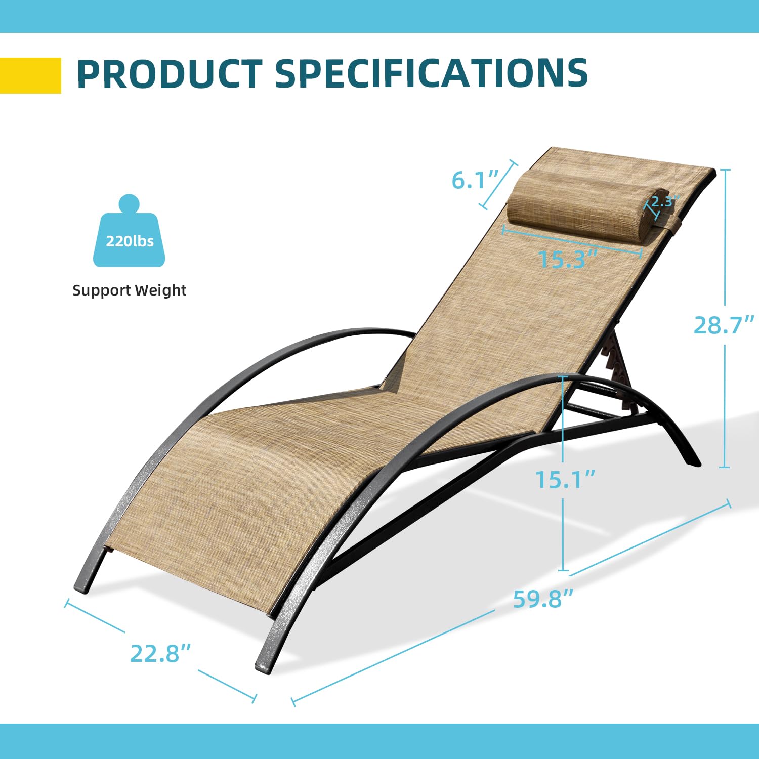 EROMMY 2-Pack Patio Chaise Lounge Chairs - Adjustable 5-Position Backrest, All-Weather Waterproof Outdoor Poolside Lounge Chairs for Beach, Yard, Garden & Backyard Relaxation