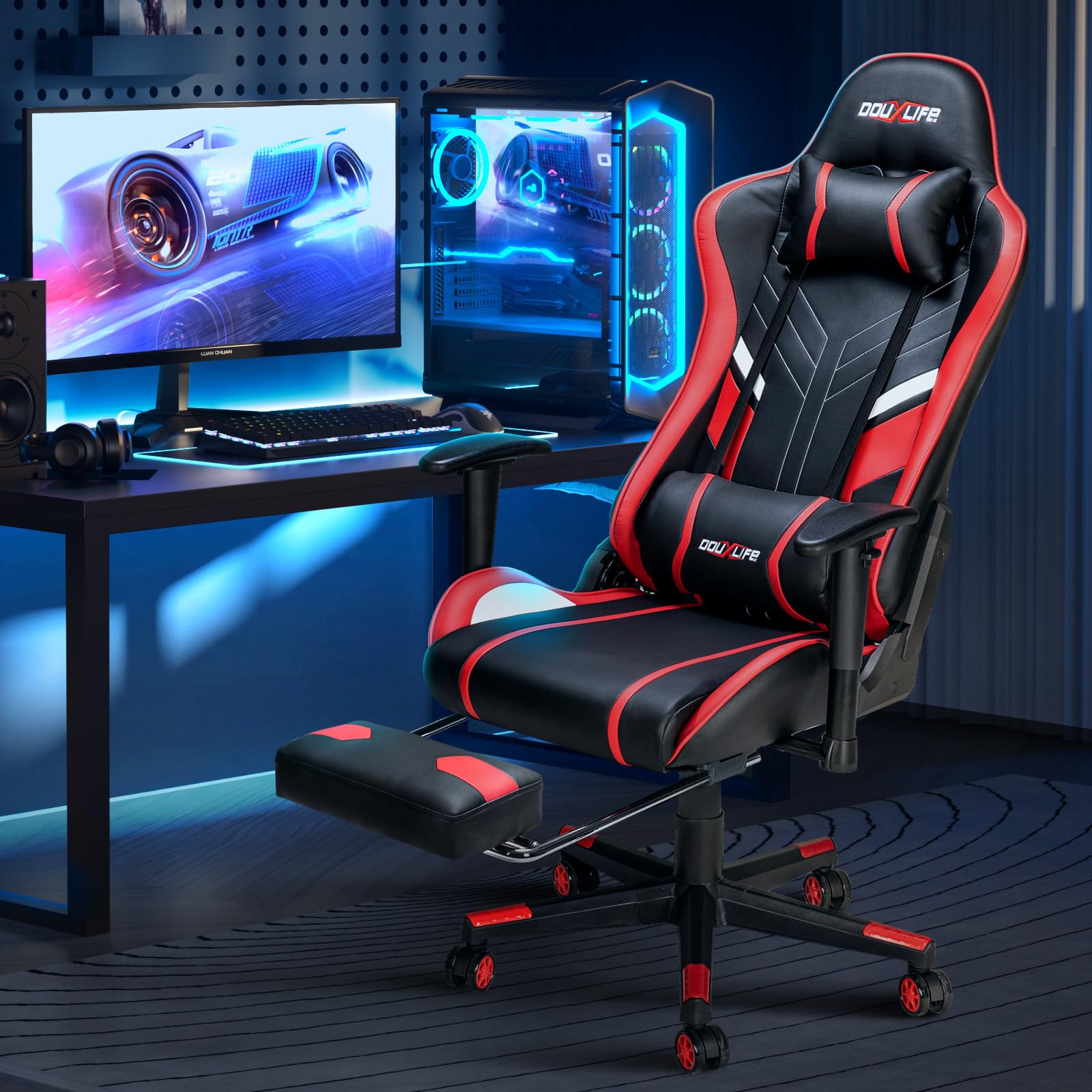 7-Point Massage Gaming Chair with Footrest - 175° Reclining Ergonomic Office Computer Chair, High Back Video Game Chair with Lumbar Support (Red) - Perfect for Home Office, Gaming Setup & Relaxation