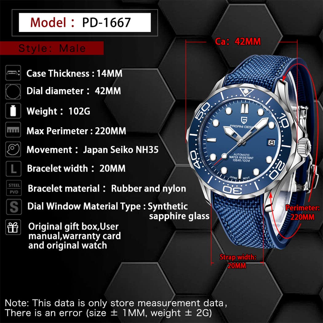 Pagani Design Men's Automatic Dive Watch - Japanese NH35 Movement, Sapphire Crystal, Date Display, Luminous Hands - Perfect for Business, Casual & Water Sports (Model PD-1667)