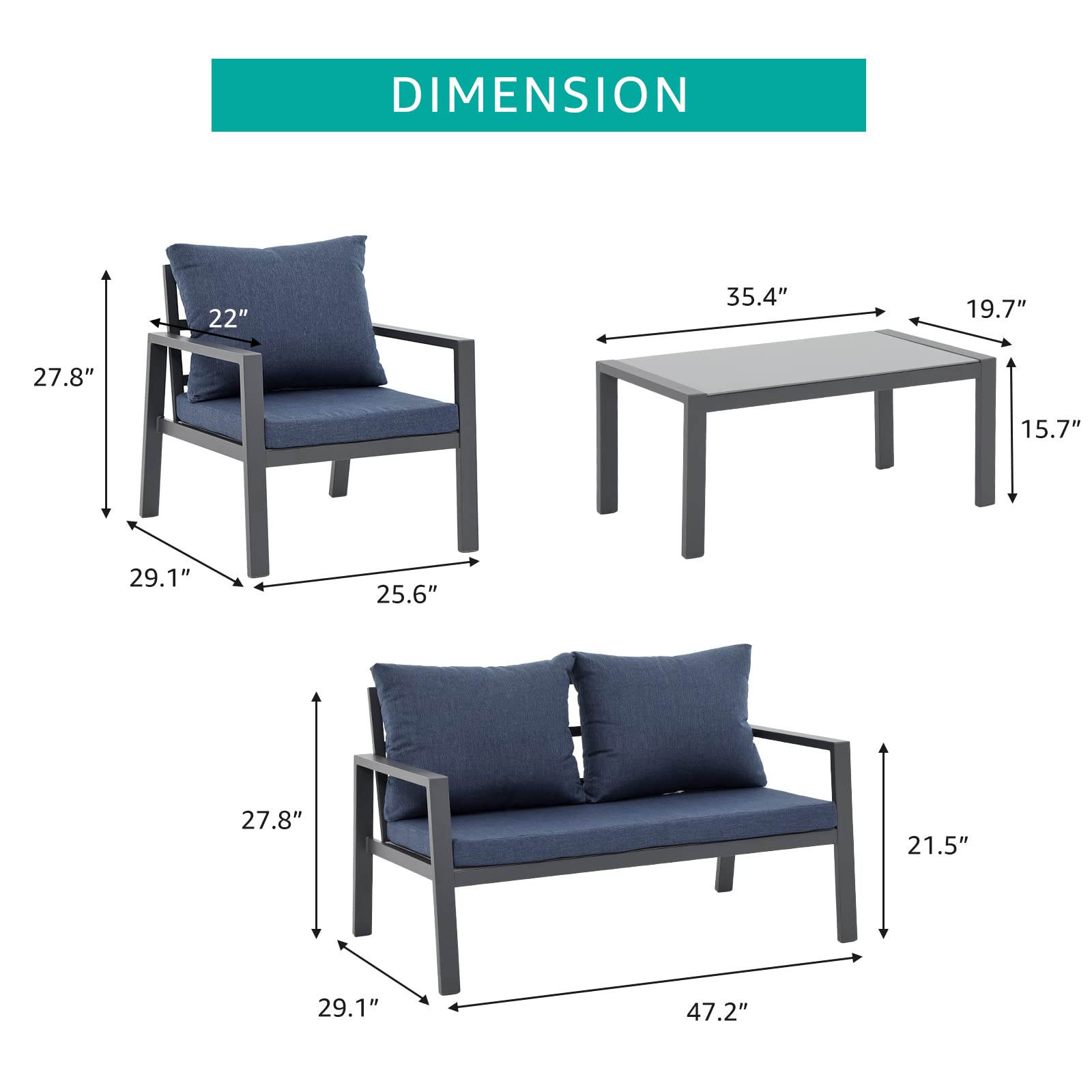 Soleil Jardin 4-Piece Aluminum Outdoor Patio Furniture Set with Removable Cushions & Tempered Glass Coffee Table - Dark Grey Frame & Denim Blue Cushions - Perfect for Garden, Backyard, Poolside & Patio Relaxation