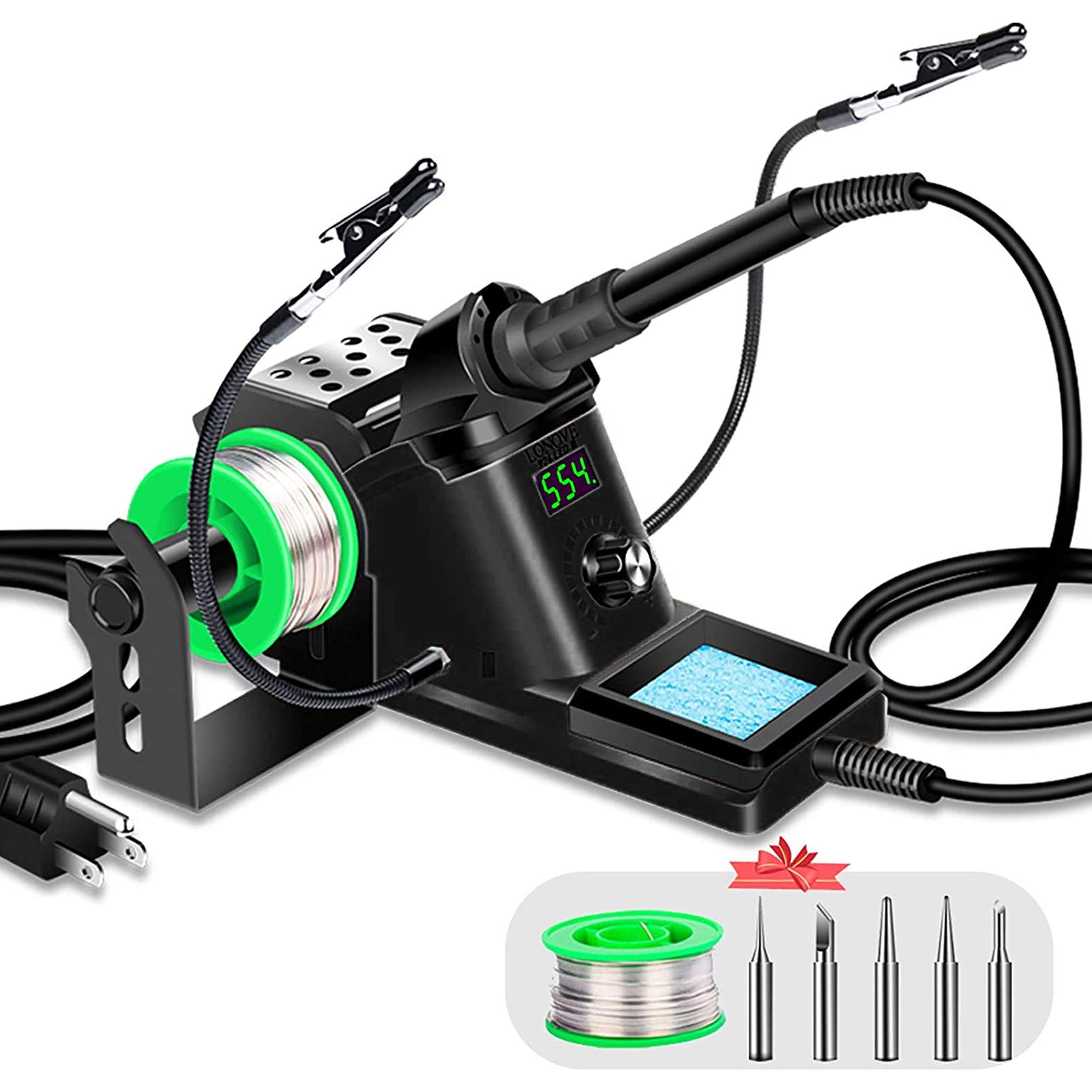 Lenovo 60W Soldering Iron Station Kit with Adjustable Temperature (194°F-896°F), LED Display, Sleep Mode & C/F Switch - Includes 2 Helping Hands, 5 Solder Tips & Solder Wire (926-Black) - Perfect for Electronics Repair, DIY Projects & Hobbyists