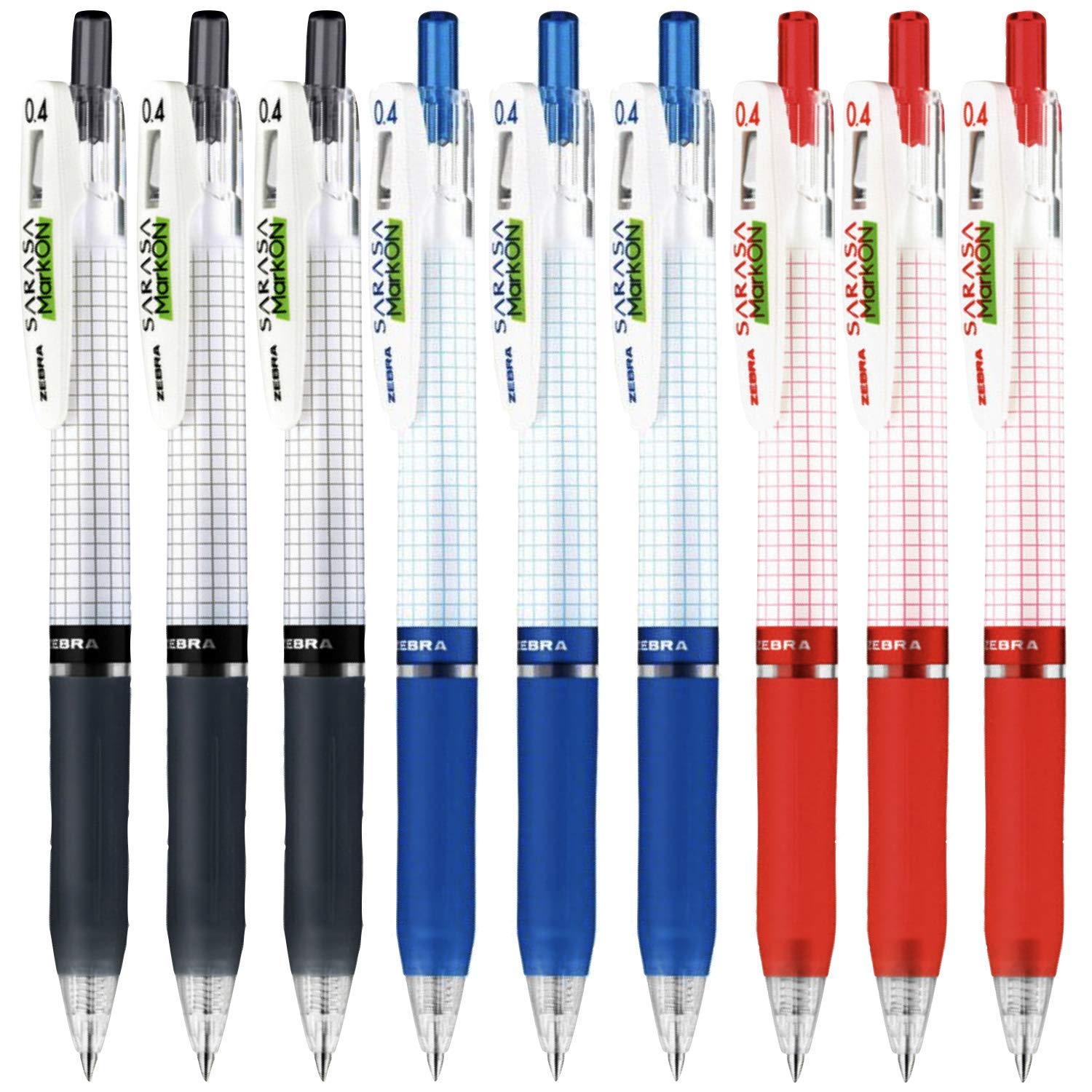 Zebra Sarasa Mark On Gel Pen 0.4mm Fine Point - 9 Pack (Black, Blue, Red) - Smooth Writing for School, Office & Note Taking