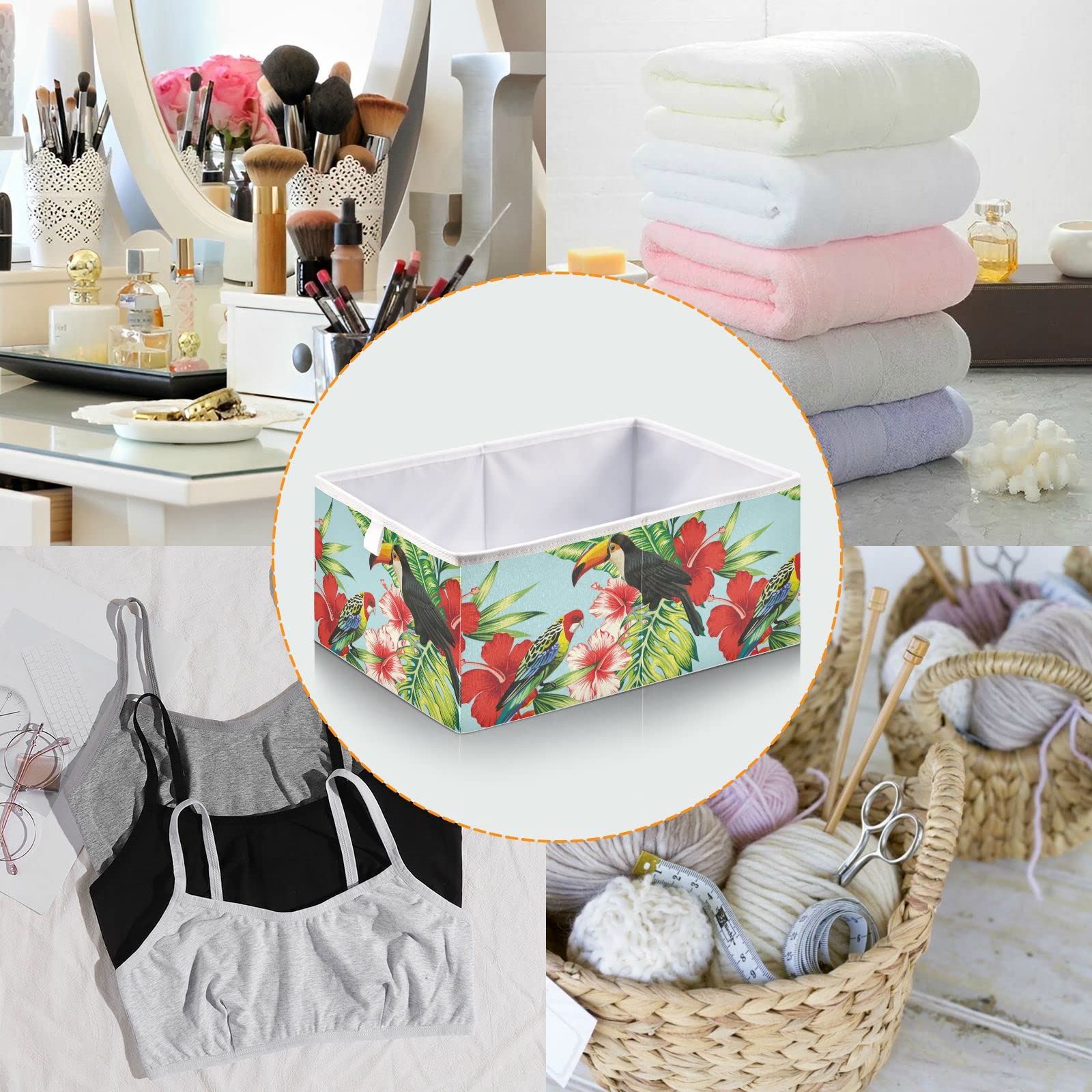 DOMIKING Foldable Fabric Storage Bins - 11 Inch Closet Organizers for Bedroom & Shelves | Toucan Parrot Design