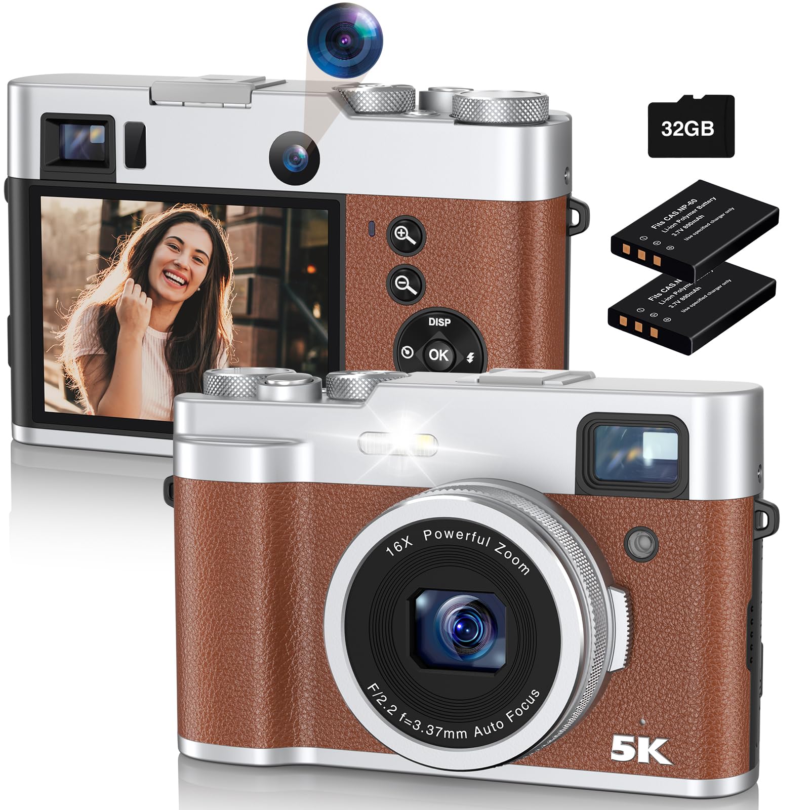 5K Digital Camera 48MP Dual Lens Vlogging Camera with 16X Zoom, 32GB Card & 2 Batteries - Perfect for Travel Photography, YouTube Vlogging & Everyday Selfies