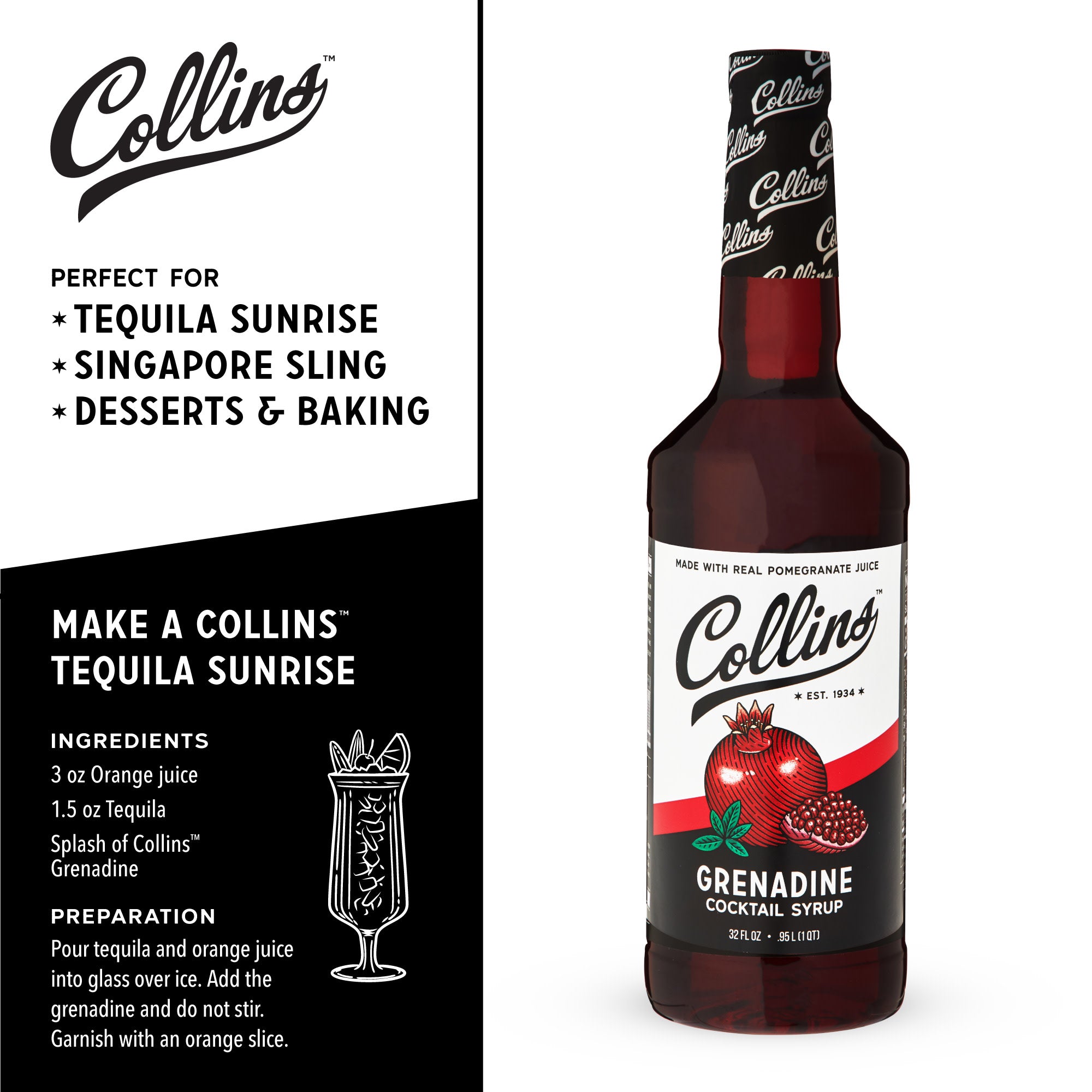 Premium Grenadine Cocktail Syrup 32 oz - Pomegranate Flavor for Mocktails, Shirley Temples & Cocktail Mixing - Perfect for Home Bars, Parties & Professional Bartenders