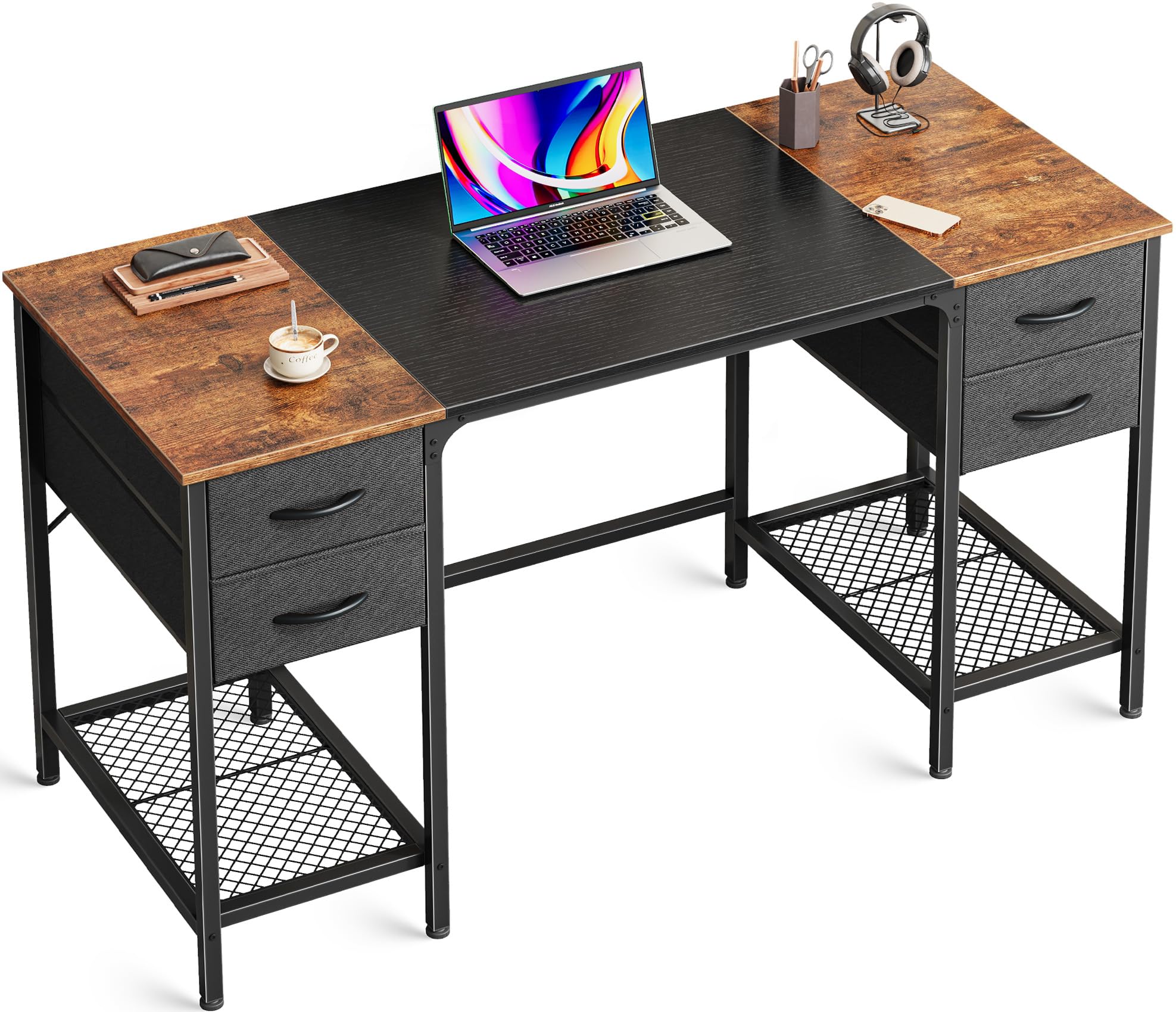 Huuger 47 Inch Large Computer Desk with 4 Drawers & Mesh Shelf - Rustic Brown Home Office Desk for Work, Gaming & Study - Space-Saving Writing Desk for Small Spaces, Bedroom & Dorm | Perfect for Remote Work, Online Classes, Video Calls & Zoom Meetings - Sturdy Ergonomic Design for Productivity in Home Office, Gaming Setup & Study Nook - Ideal for Home Office, Student Dorm Room, Small Apartments & Gaming Stations