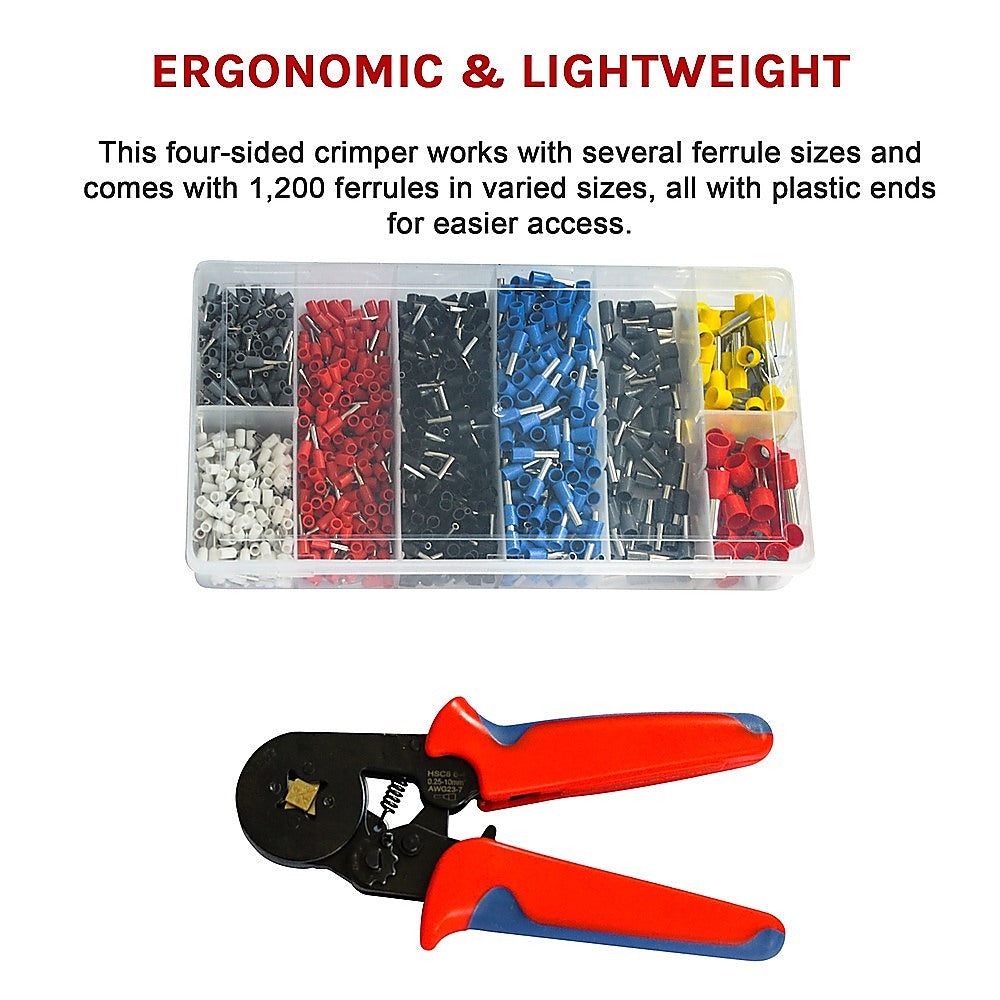1200Pcs Bootlace Ferrule Crimper Kit - 0.25-10mm² Cord End Ratchet Crimping Tool for Electrical Wiring and DIY Projects