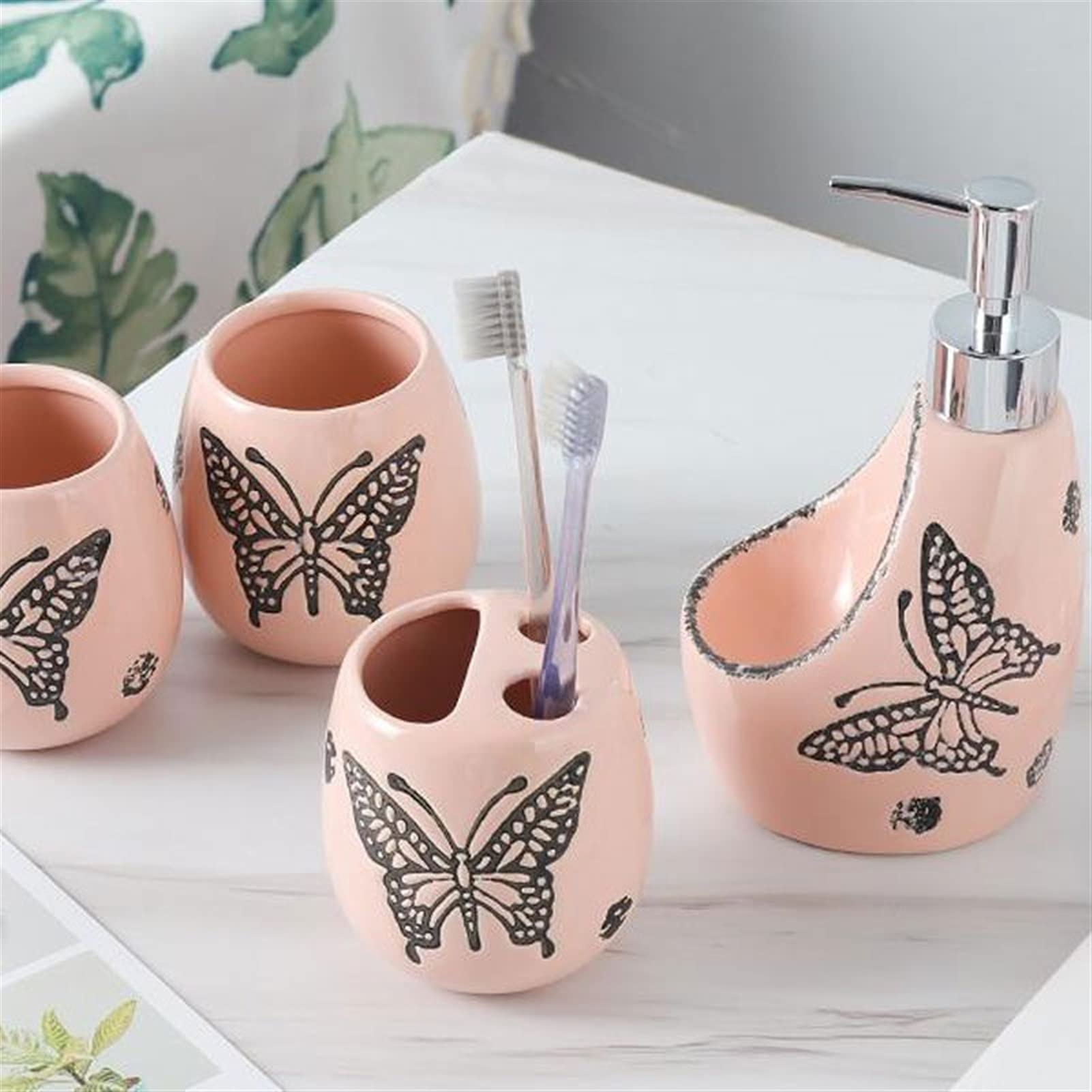 6-Piece Refillable Liquid Hand Soap Dispenser Set - Ceramic Soap Dispenser, Toothbrush Holder, Tumbler, Soap Dish & Tray | Bathroom Accessories for Hotel, Restroom & Home Decor | Perfect for Guest Bathrooms, Spa-Like Showers & Luxury Vanities