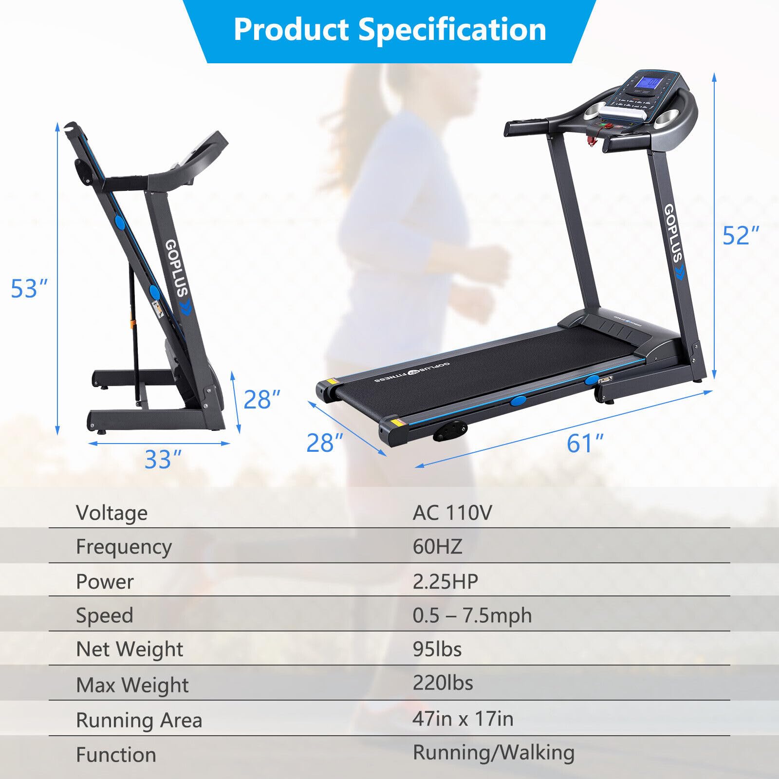 Goplus 2.25HP Folding Treadmill with Incline - Electric Running Machine for Home & Gym, Blue Backlit LCD Display, Cardio Workout Equipment for Walking, Jogging & Fitness Training | Perfect for Small Spaces & Home Exercise