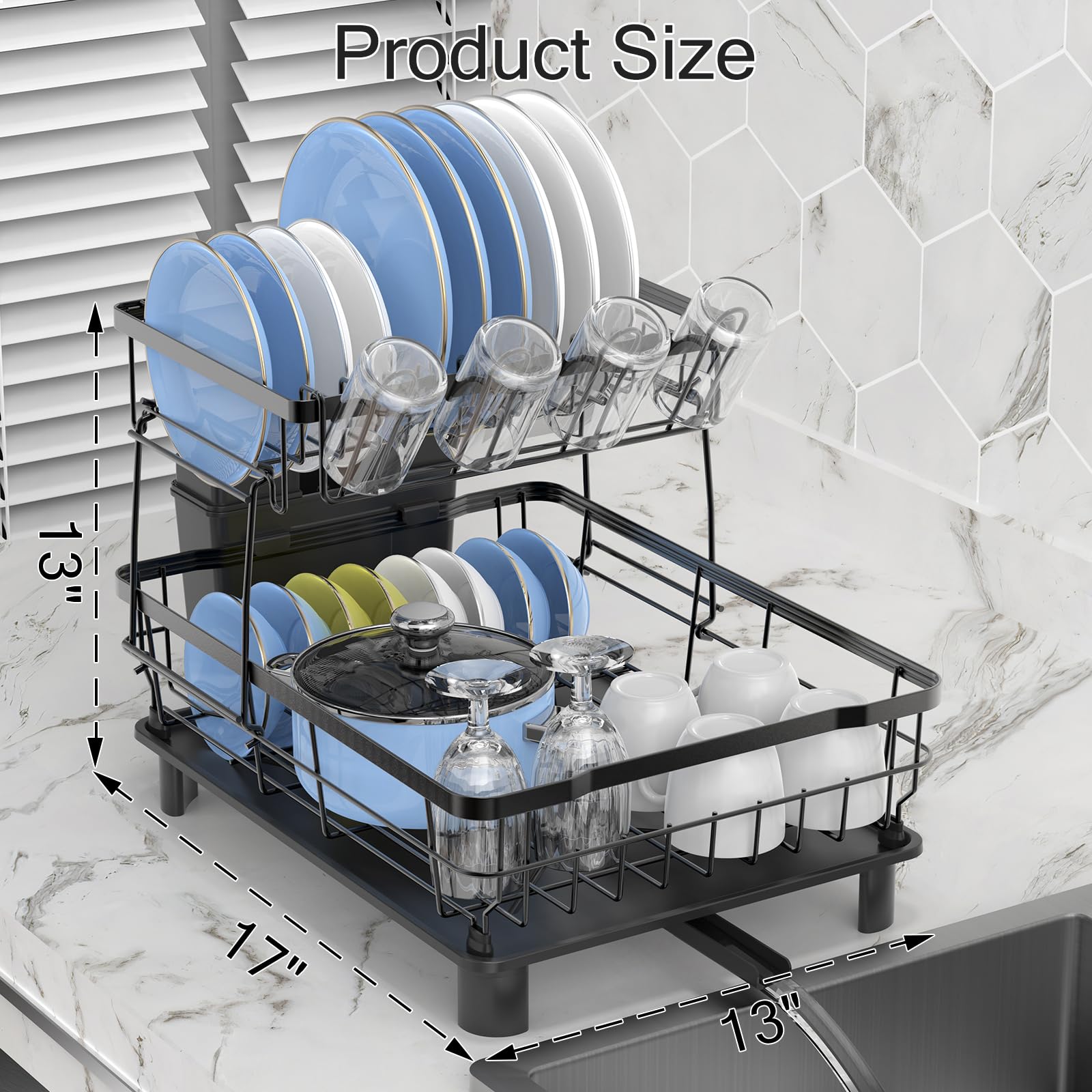 Premium 2-Tier Stainless Steel Dish Drying Rack - Space Saving Kitchen Counter Organizer with Cutlery Holder, Cup Drying Station & Drainboard - Rustproof & Durable for Daily Dishwashing & Kitchen Organization