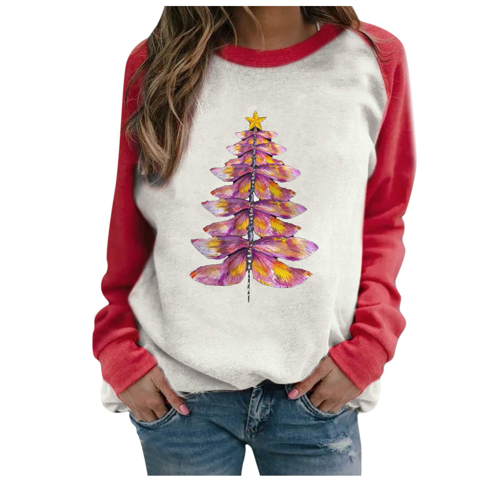 Women's Fashion Long Sleeve T-Shirt with Dragonfly Print - Casual Round Neck Color Block Patchwork Top for Everyday Wear, Office & Outings