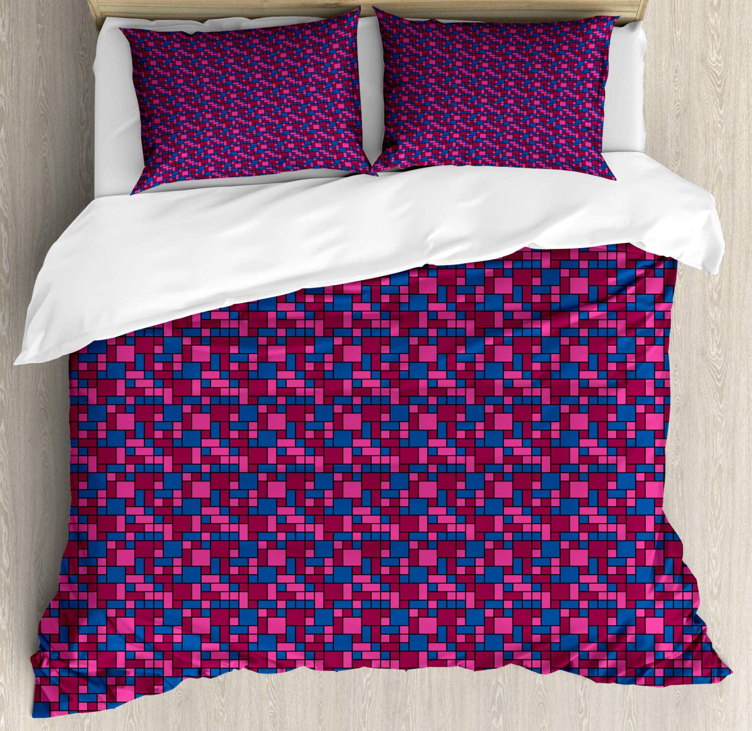 Ambesonne Abstract Duvet Cover Set - Funky Geometric Grid & Groovy Rhythmic Cube Design, 3-Piece King Size Bedding with 2 Pillow Shams in Cobalt Blue Raspberry | Modern Home Decor for Bedroom, Guest Room & Dorm