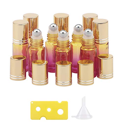 10pcs 5ml Roll-on Bottles with Stainless Steel Roller Ball & Golden Lid - Yellow-Rose Gradient Essential Oil Bottles for Aromatherapy, Perfume, Lip Balm | Portable Travel Size, DIY Skincare, Gift Packaging