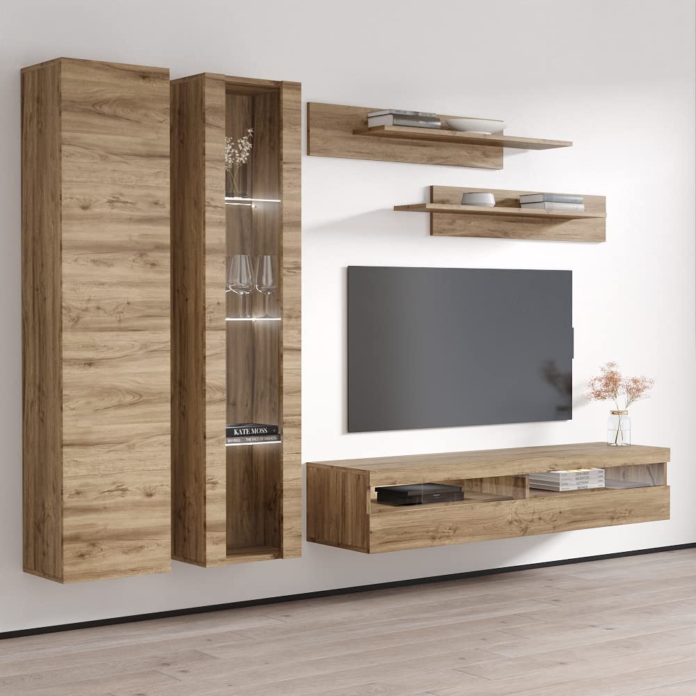 Modern Floating TV Stand with Storage & LED Lights - Wall-Mounted Entertainment Center for Bedroom & Living Room - A4 35TV Console with Shelves in Oak Finish - Perfect for Small Spaces & Home Theater Setup