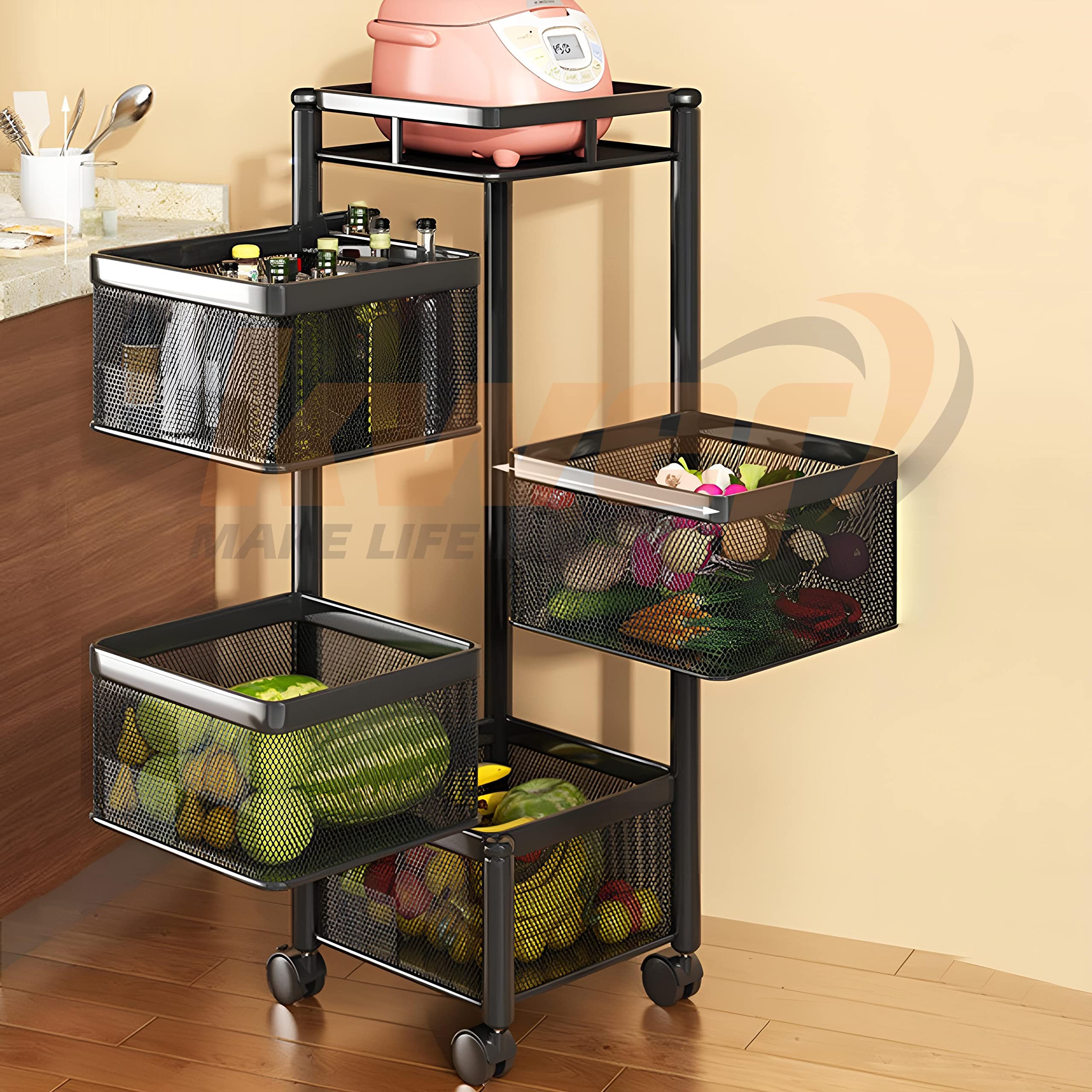 KWER 3-Tier Metal Kitchen Cart with Square Onion Baskets - Black Rolling Storage Organizer for Vegetables, Fruits & Kitchen Accessories | Perfect for Small Spaces, Pantry Organization & Mobile Cooking Stations